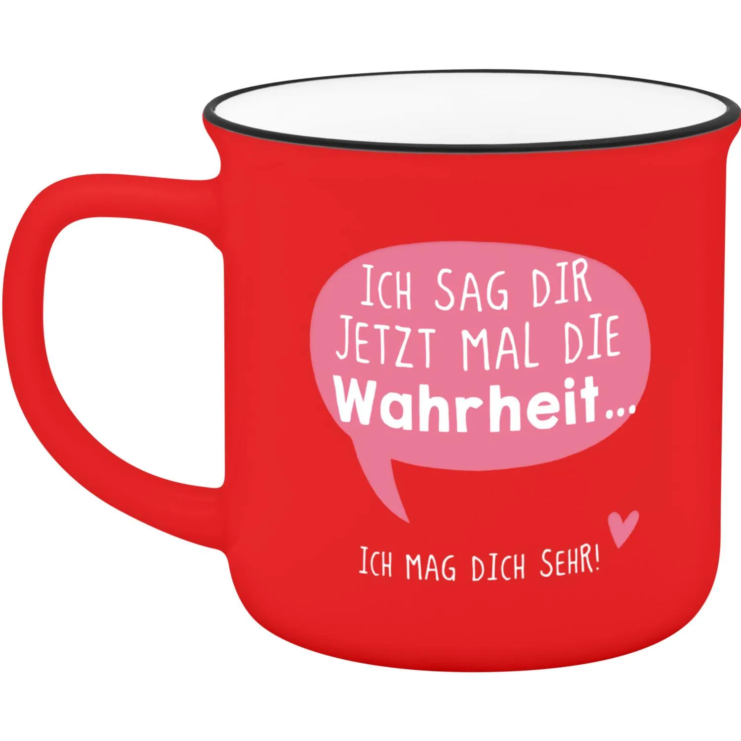 Roter Lieblingsbecher mit pinker Sprechblase und der Botschaft 'Ich mag dich sehr!'.