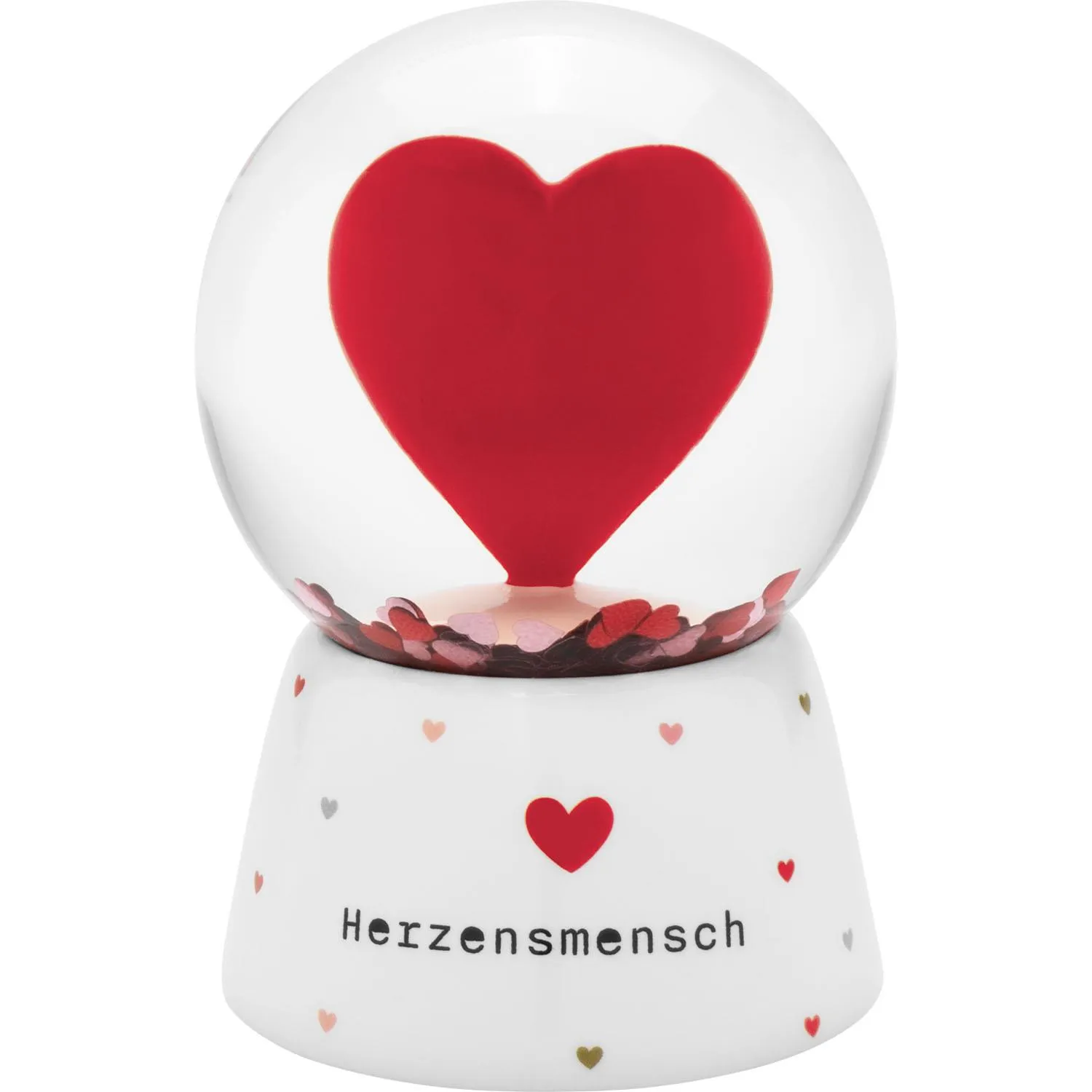 Schneekugel mit rotem Herz im Glas, weiße Basis mit Herzmotiv und Glitzer