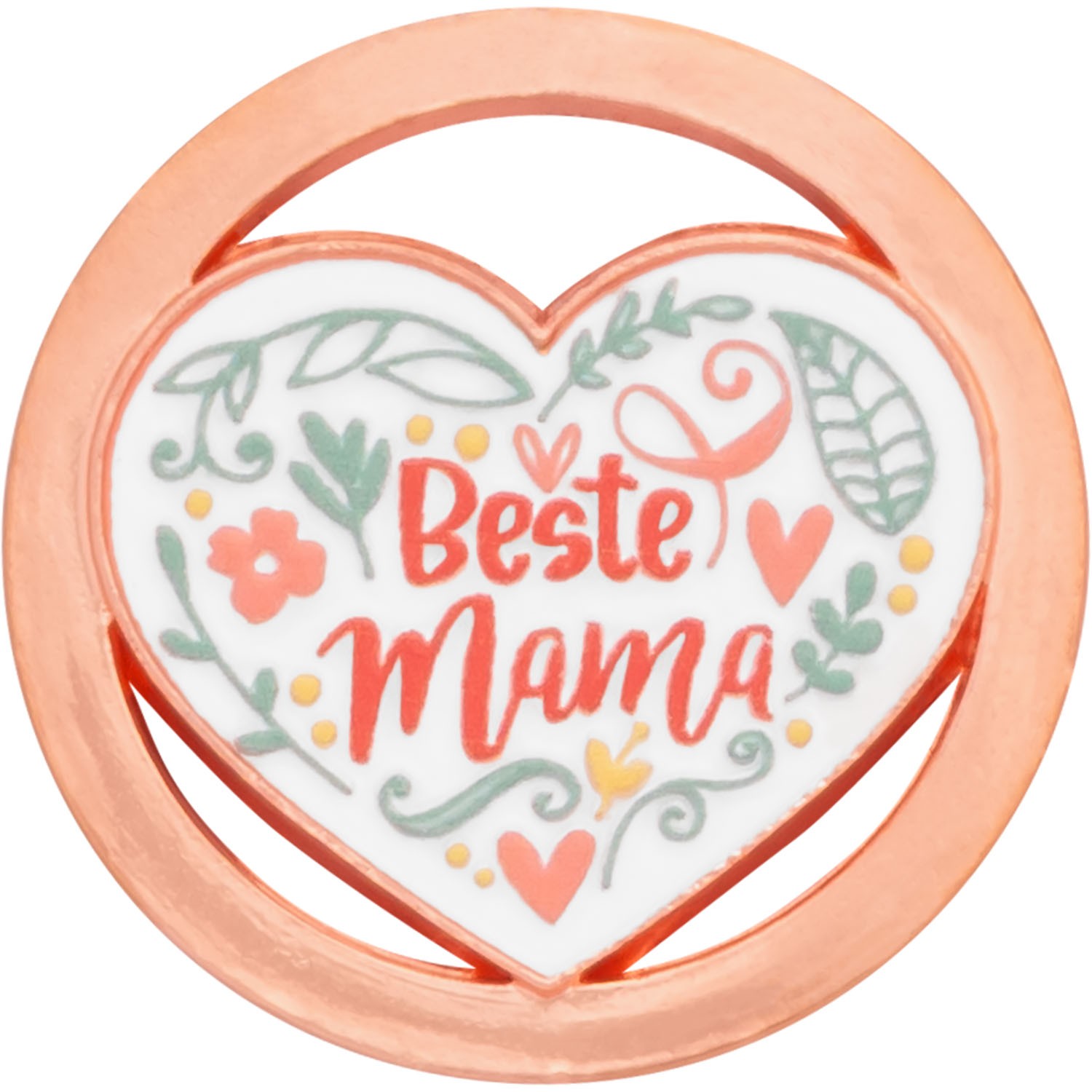 Roségoldener Einkaufswagenchip mit Herzmotiv 'Beste Mama' auf weißem Hintergrund.