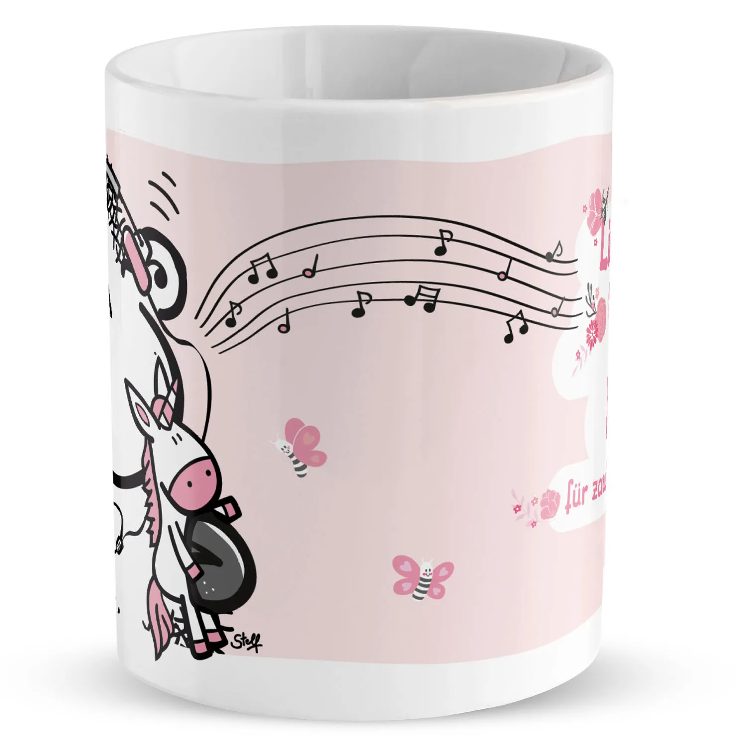 Weiße Porzellantasse mit rosa Einhorn- und Musikmotiv, personalisierbar mit Namen.