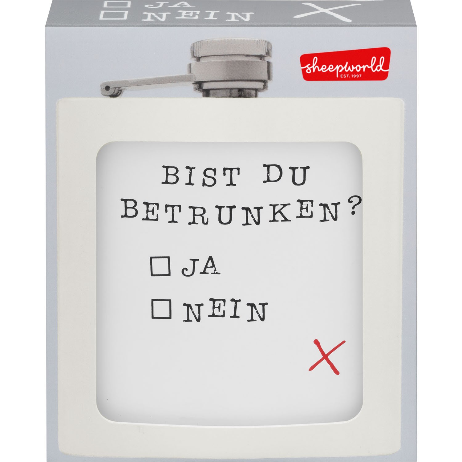 Flachmann aus Edelstahl mit Spruch 'BIST DU BETRUNKEN?' in Sichtfenster-Verpackung
