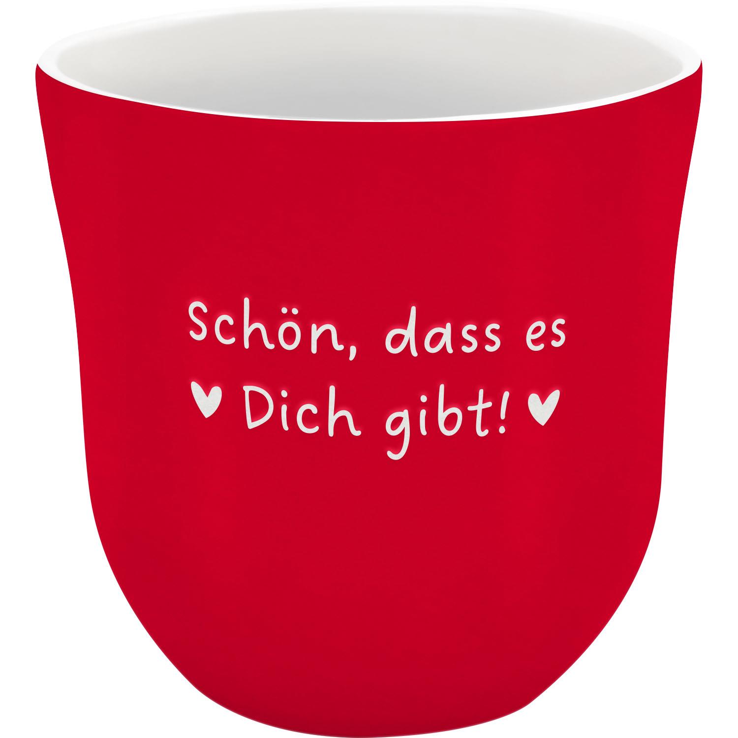 Roter Steinzeug-Becher mit weißem Innenraum und weißem Schriftzug 'Schön, dass es Dich gibt!'