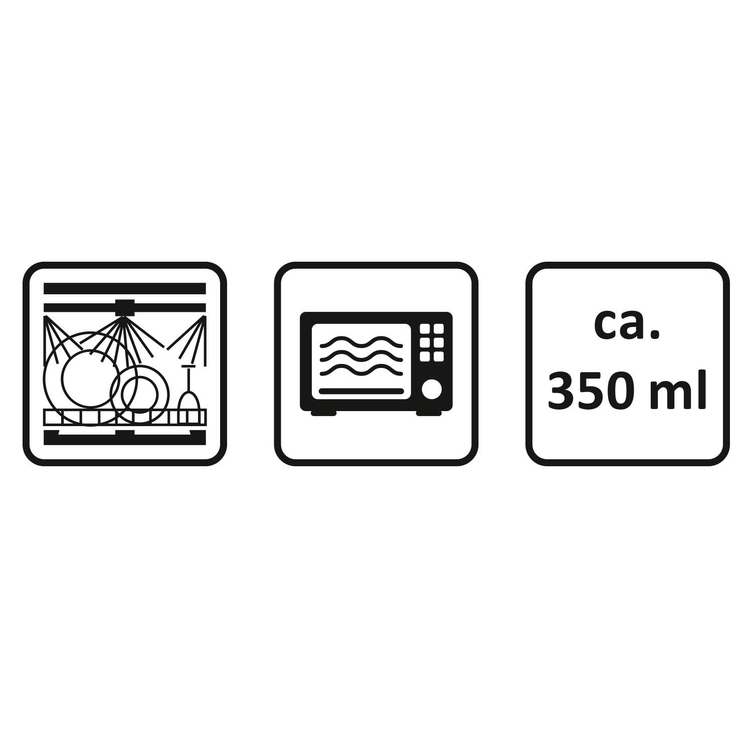 Becher mit Mikrowellen- und Spülmaschinen-Symbolen und ca. 350 ml Fassungsvermögen