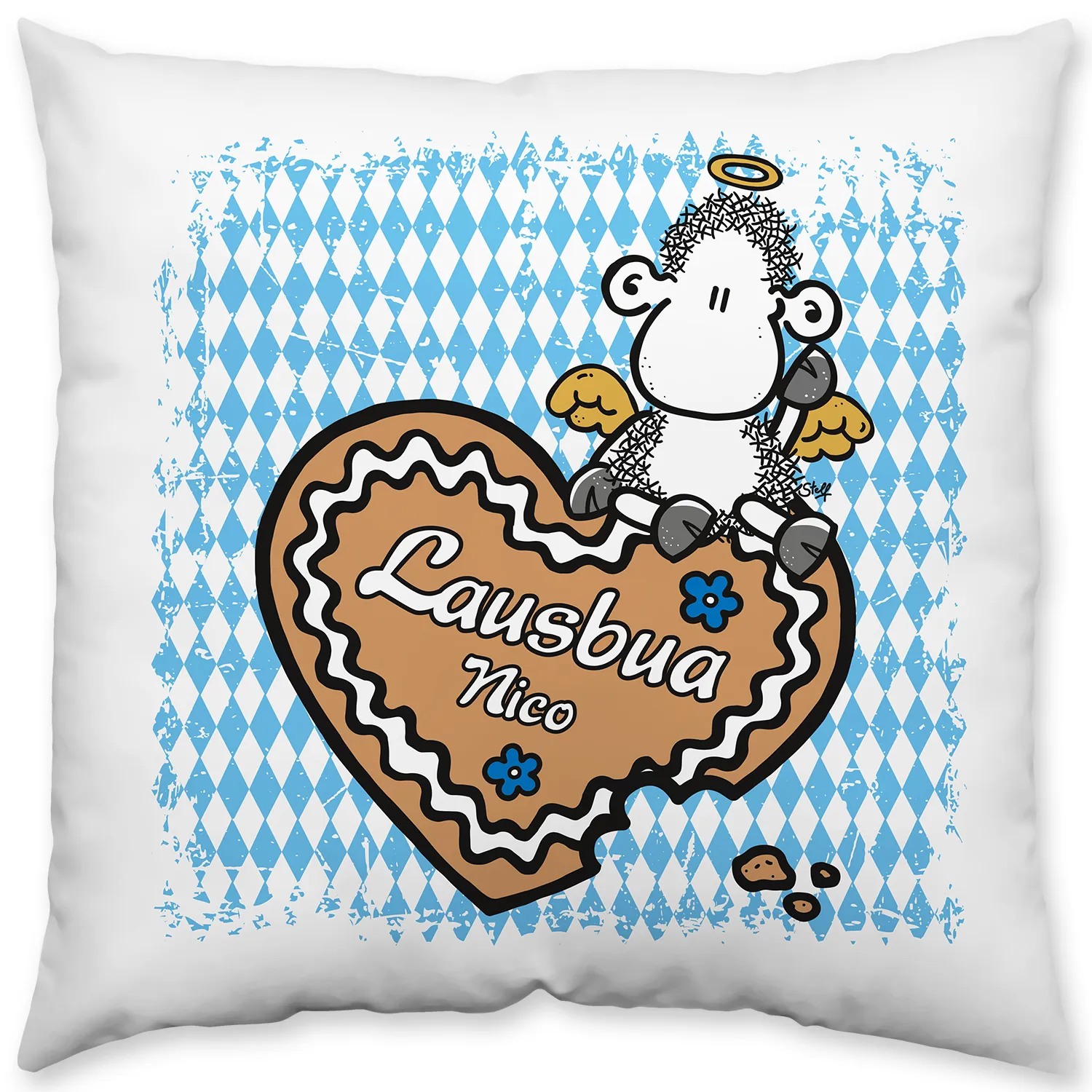 Kissen mit Schäfchen auf Herz-Lebkuchen, Schriftzug 'Lausbua Nico' vor hellblauem Diamantmuster