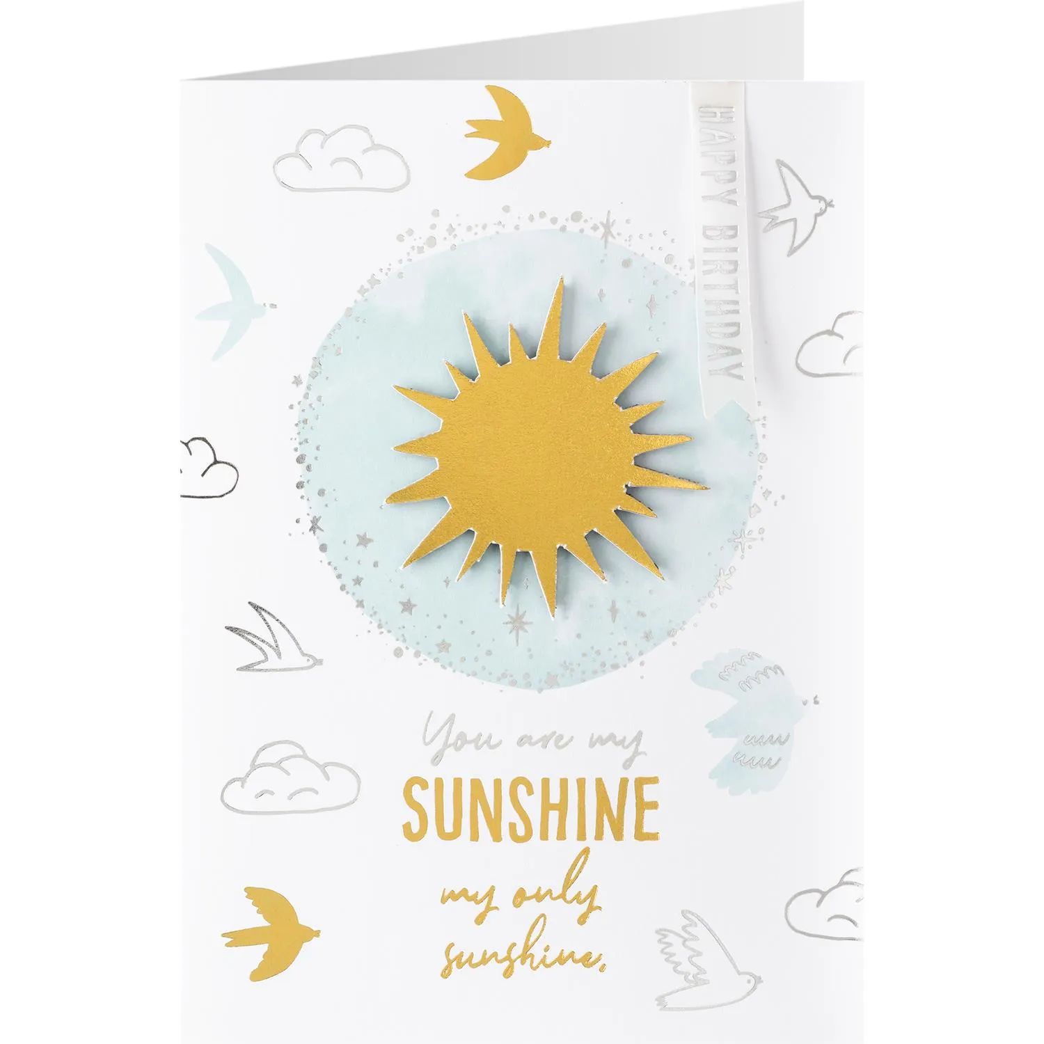 Weiße Grußkarte mit gelber Sonne auf hellblauem Kreis, goldene Veredelungen und Wolken/Vogel-Motive