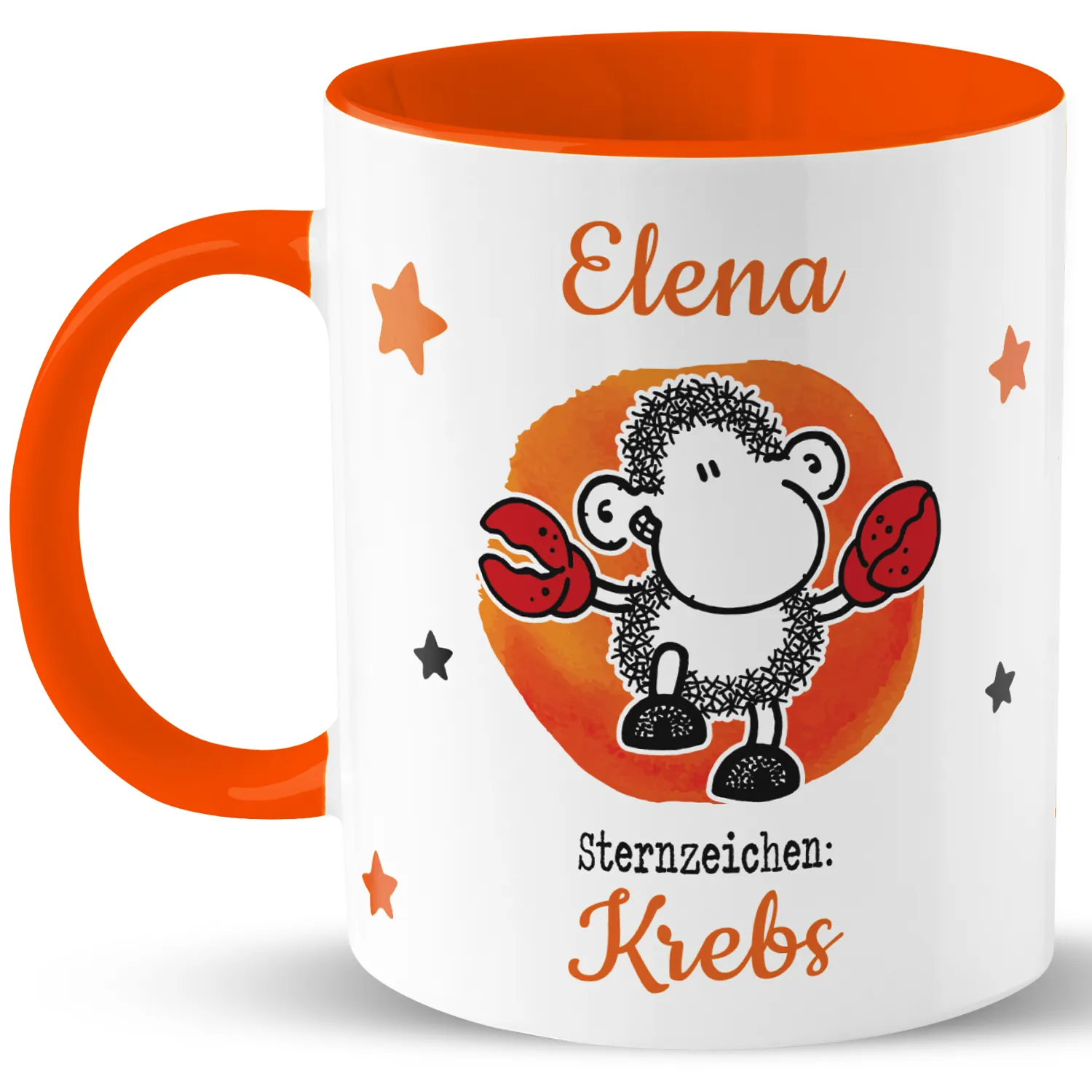 Weiße Keramiktasse mit orangeem Innenraum und Namen Elena; Schaf-Motiv vor orangeem Kreis, Krebs-Sternzeichen.