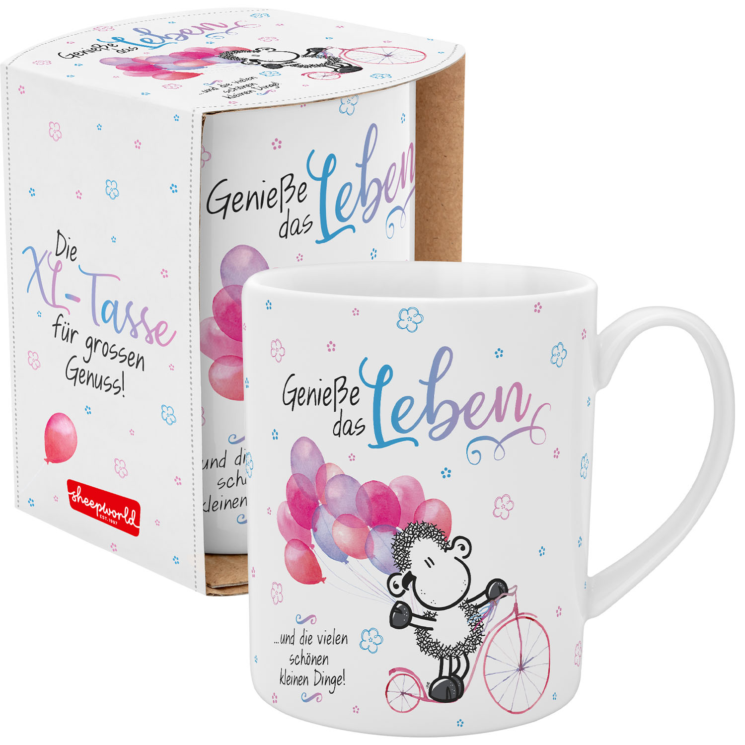 Weiße Porzellans-Tasse mit Schäfchen und Ballons in Pastellfarben, 'Genieße das Leben' Schriftzug, spülmaschinengeeignet.