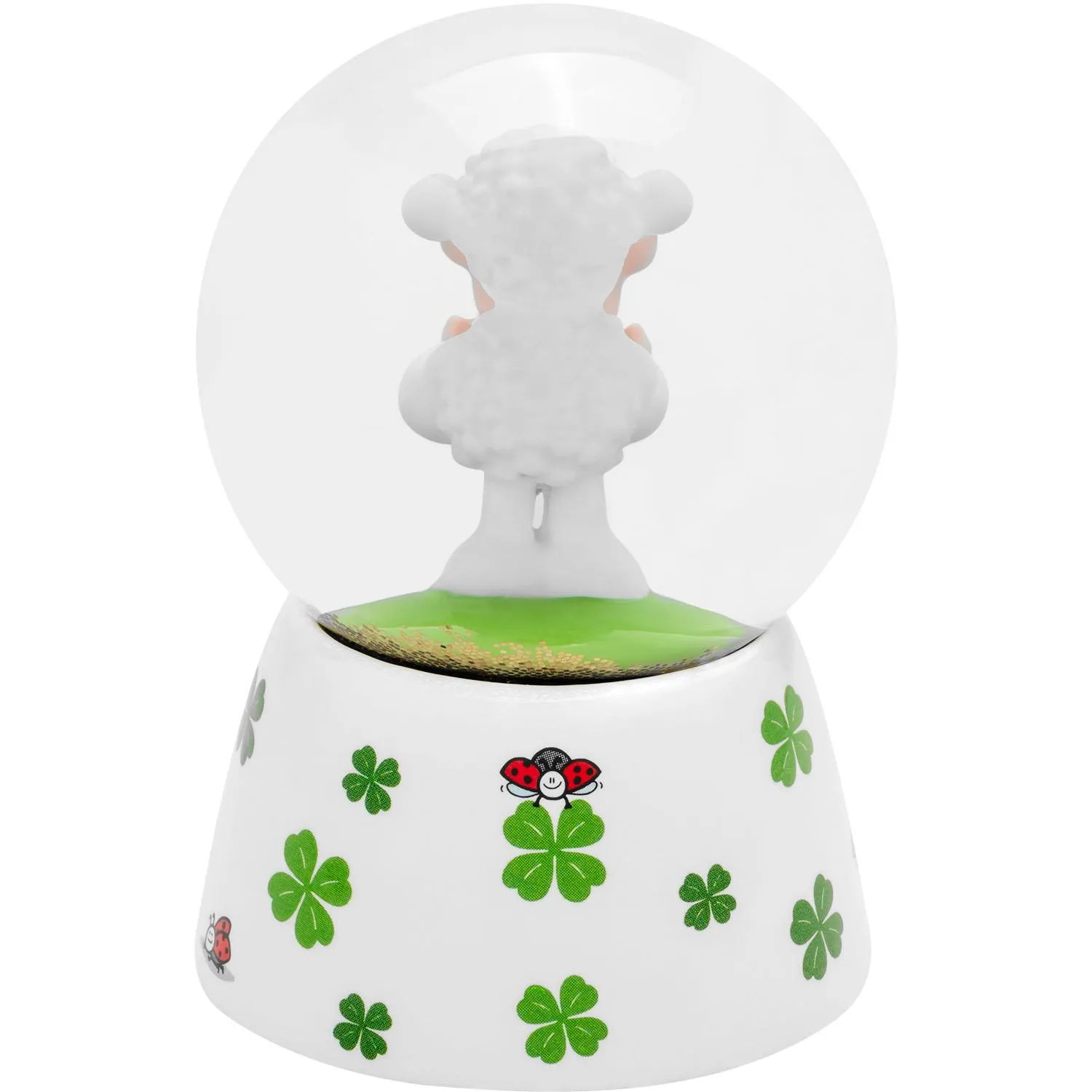 Schneekugel Glück mit Schäfchen und Kleeblatt-Dekor, goldenem Glitter, 6,5 cm