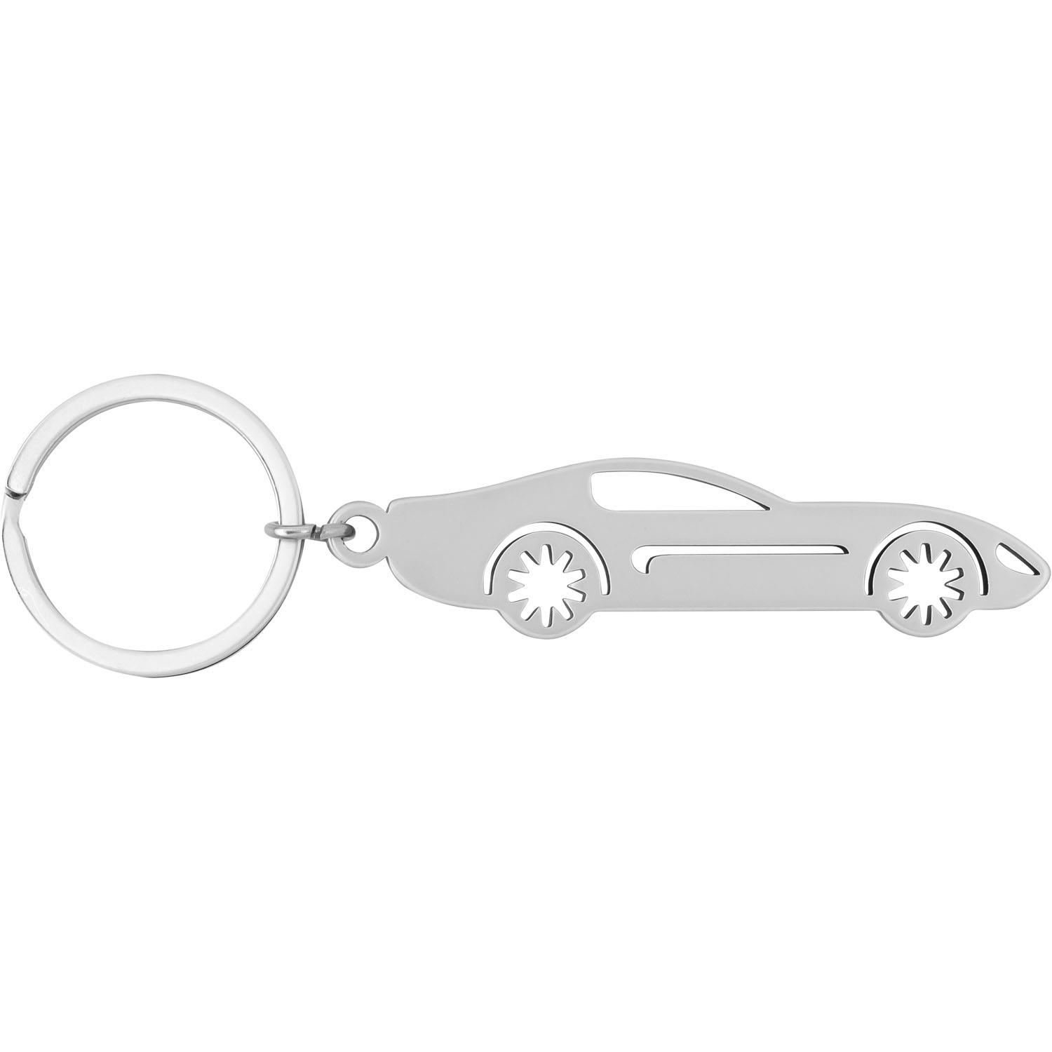 Silberner Auto-Schlüsselanhänger aus Metall mit Fahrzeug-Silhouette und Schlüsselring
