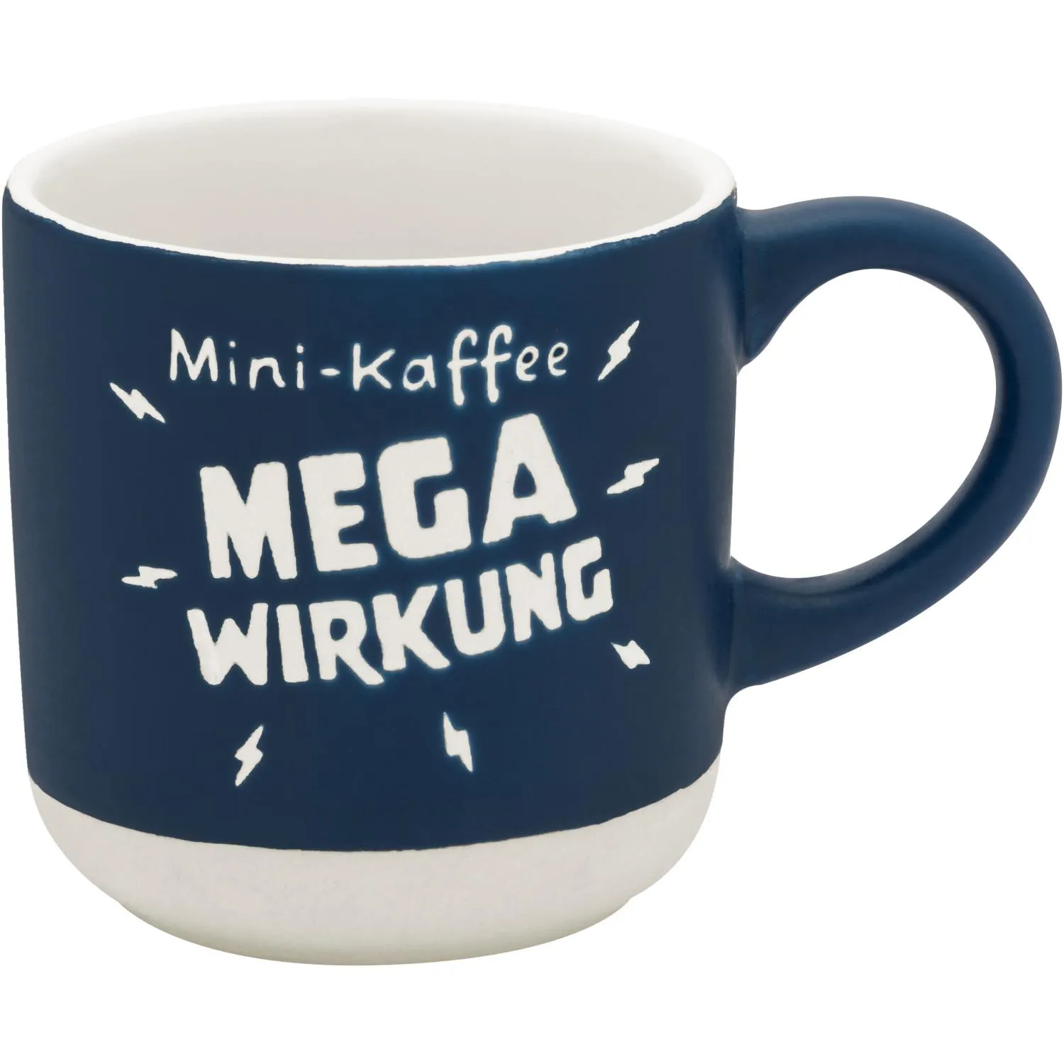 Dunkelblaue Espressotasse mit weißem Innenraum und Mega-Wirkung-Druck