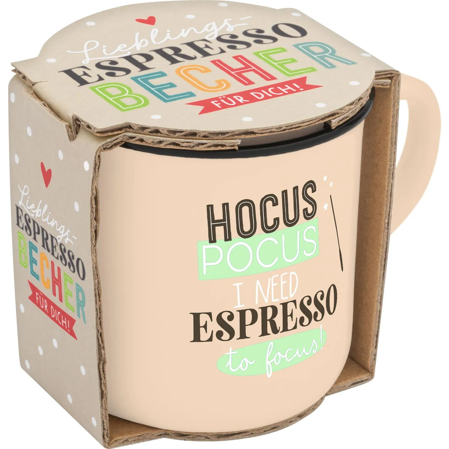 Beigefarbener Espressobecher mit Spruch Hocus Pocus I need Espresso to focus aus Porzellan