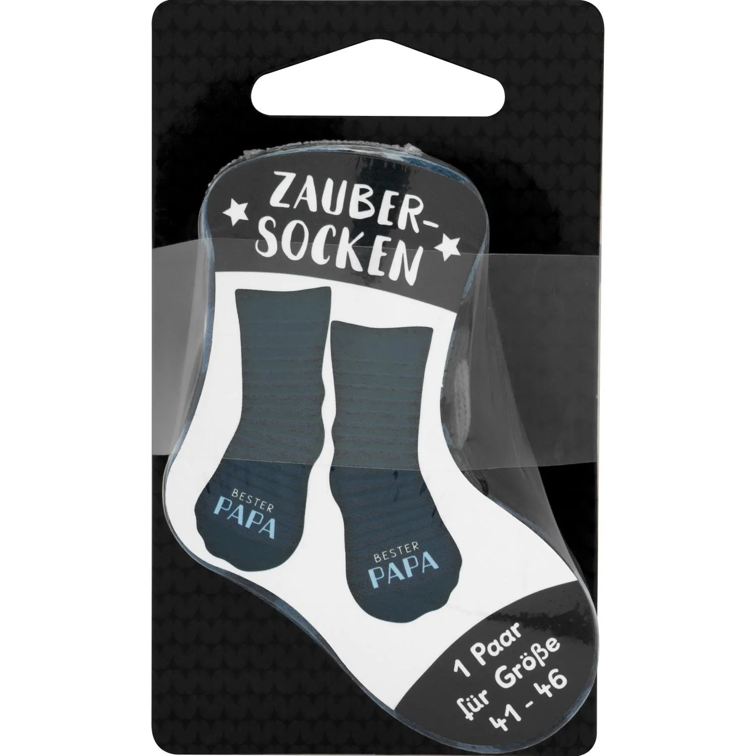 Dunkelblaue Zaubersocken mit hellblauem Aufdruck 'BESTER PAPA' in transparenter Verpackung