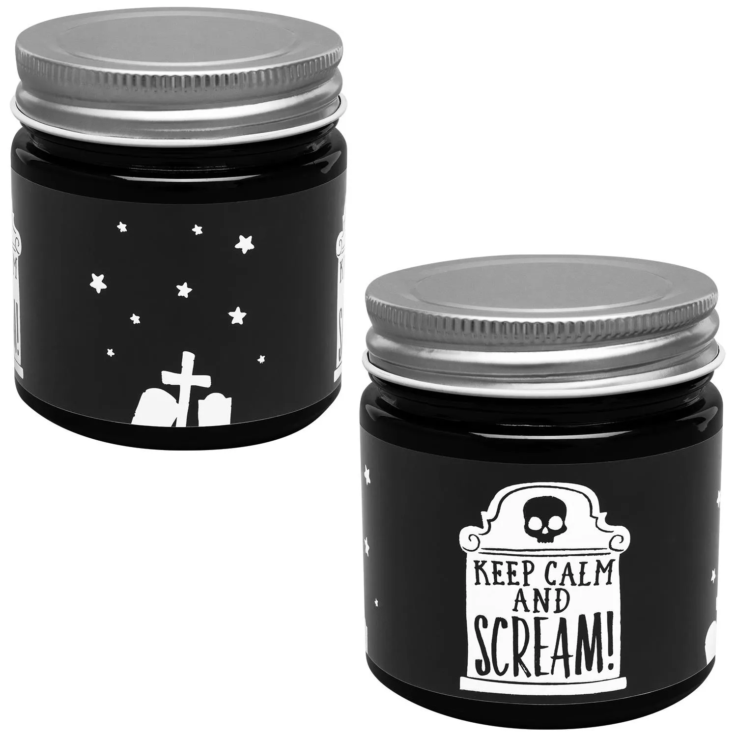 Kerze im Glas mit schwarzem Label und Grabstein-Motiv 'Keep Calm and Scream!', weißem Wachs, Metalldeckel
