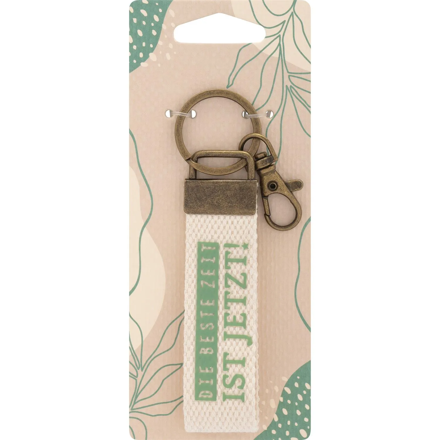 Canvas-Schlüsselanhänger mit grünem Schriftzug 'Die beste Zeit ist jetzt' und Messingringen
