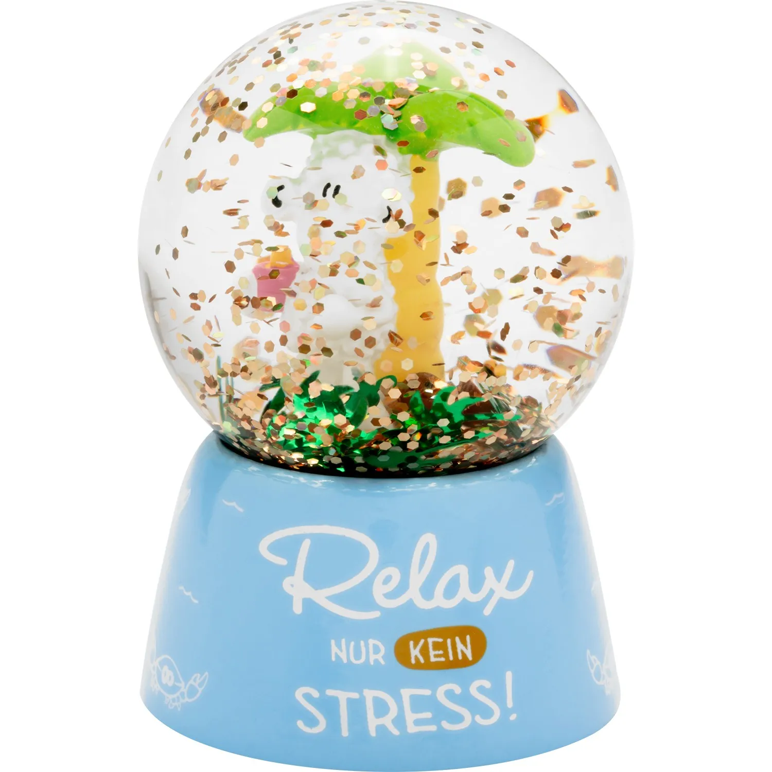 Traumkugel Relax: Palme in der klaren Kugel auf blauem Sockel mit goldenem Glitter.