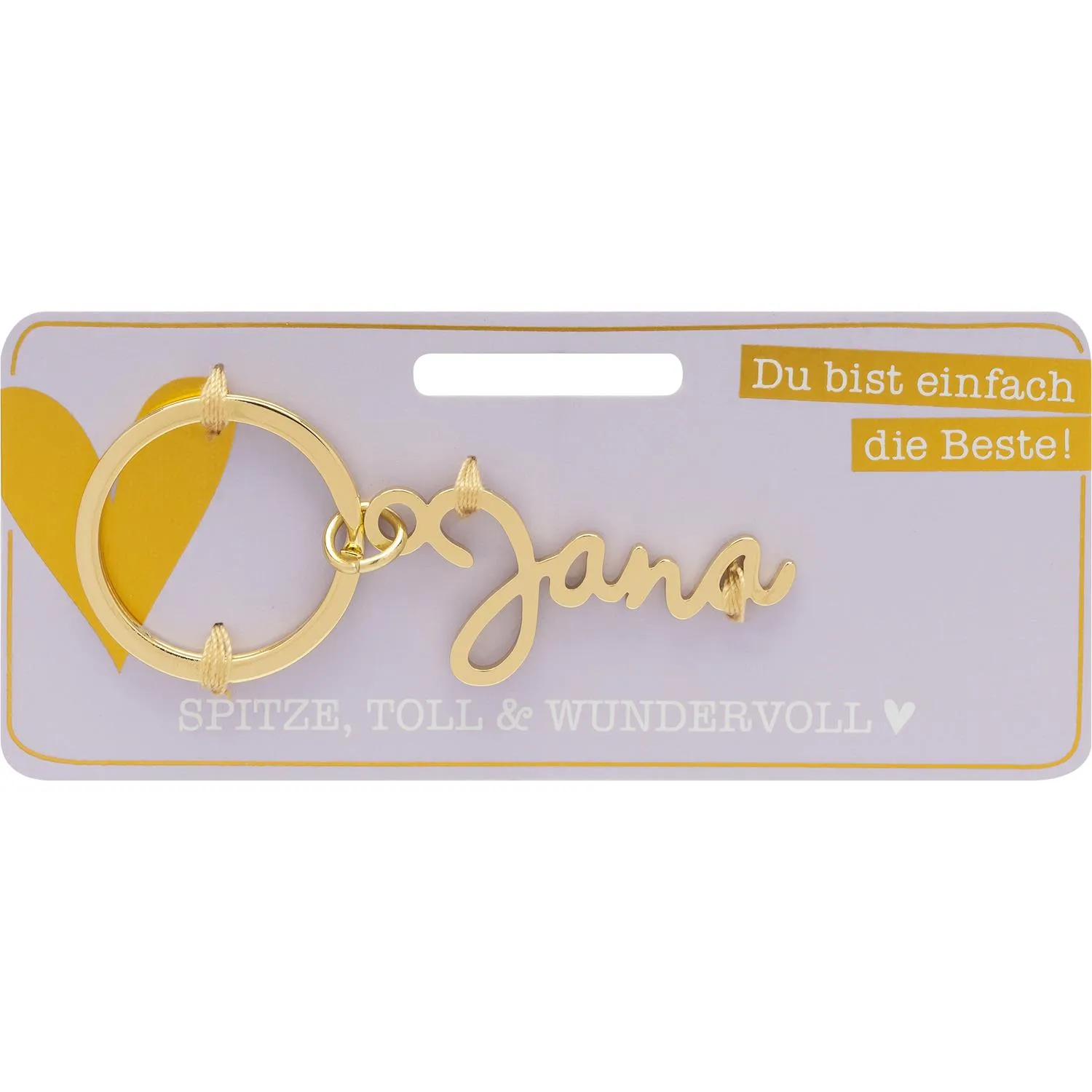 Goldfarbener Namens-Schlüsselanhänger Jana auf lilafarbener Geschenkkarte
