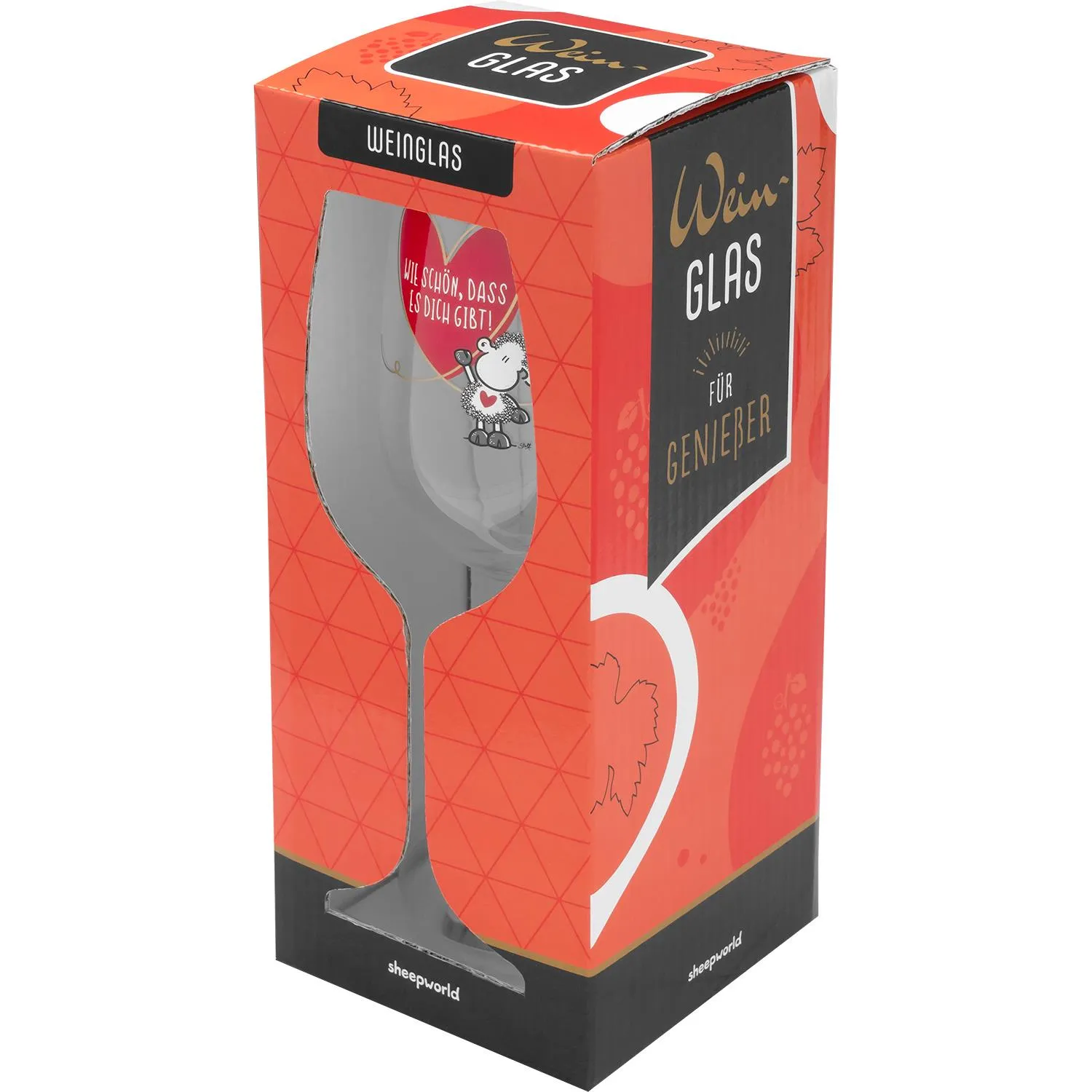 Weinglas mit Motivdruck in Geschenkbox – romantische Botschaft mit Schaf-Motiv