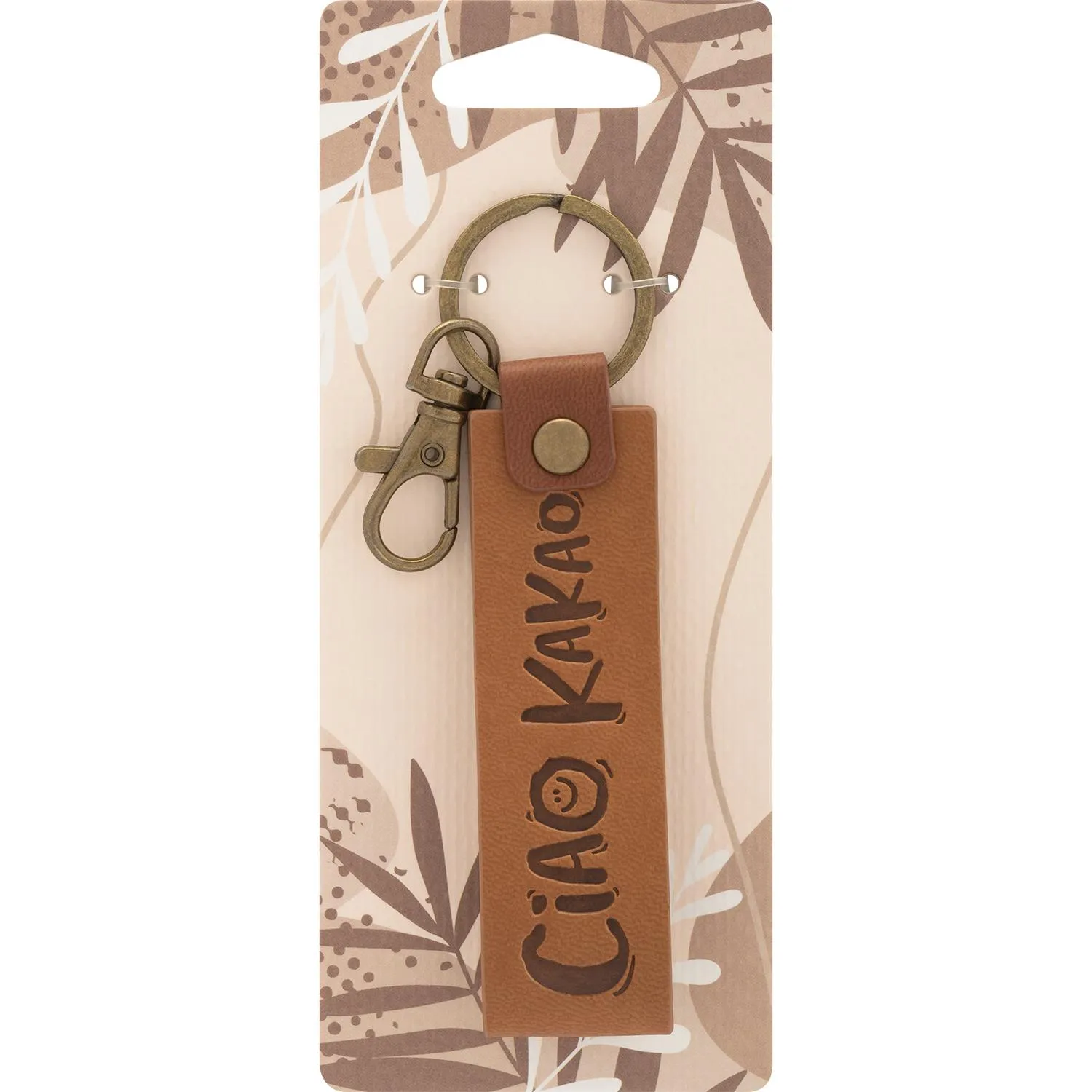 Brauner Kunstleder-Schlüsselanhänger mit Messing-Hardware und Logo-Aufdruck CIAO KAKAO