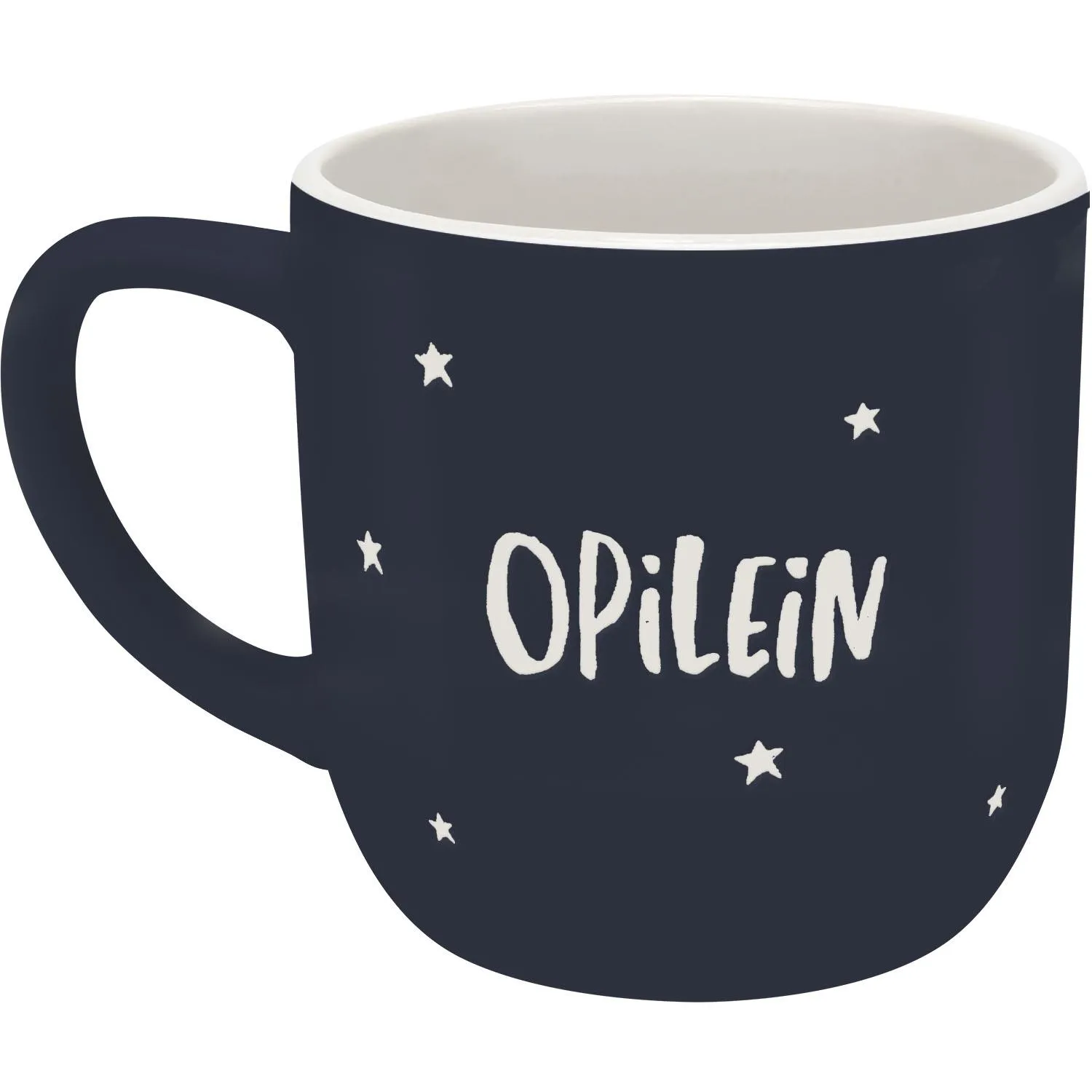 Dunkelblaue Lieblingstasse mit weißem Innenrand, Sternchen und Opilein-Schriftzug.