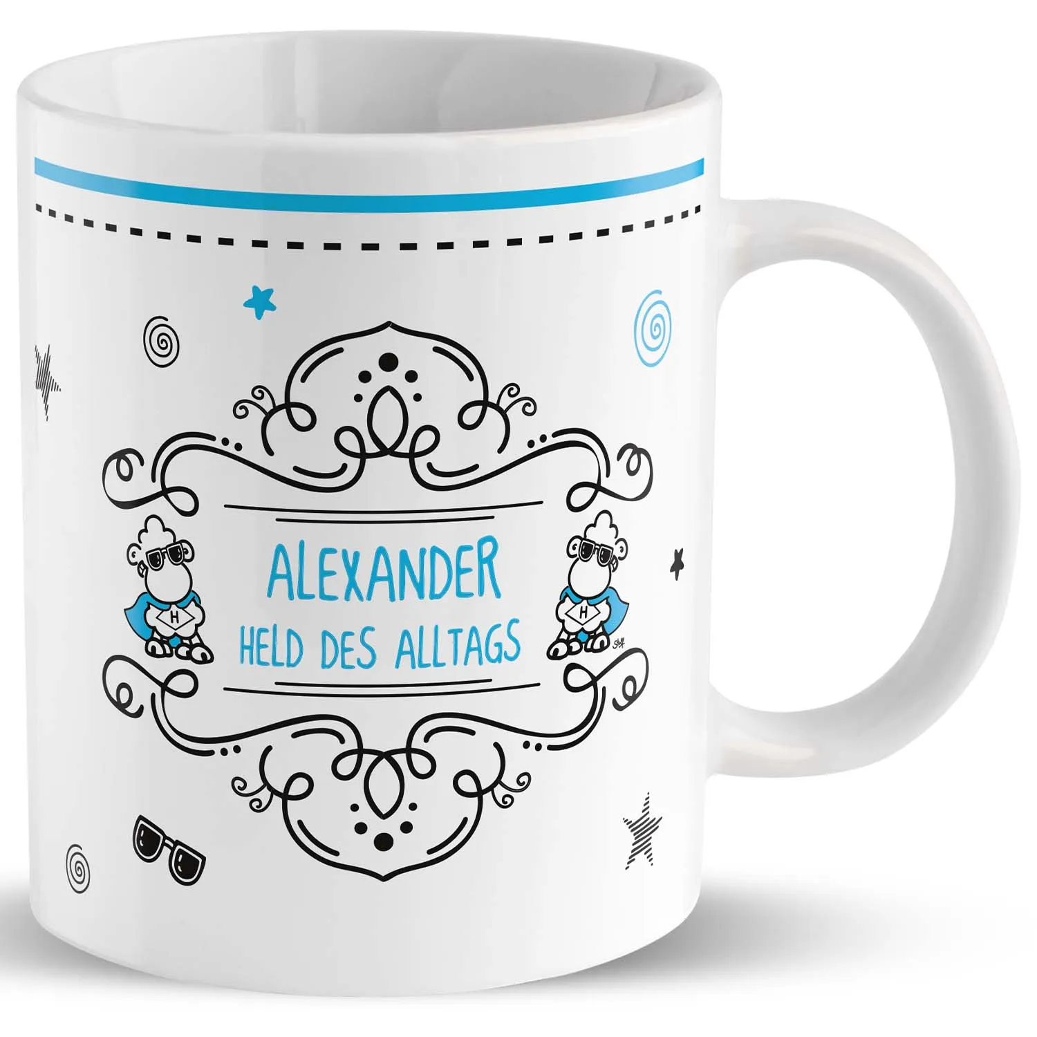 Weiße Porzellan-Tasse mit blauem Namenszug Alexander im dekorativen Rahmen und Schäfchen-Illustrationen