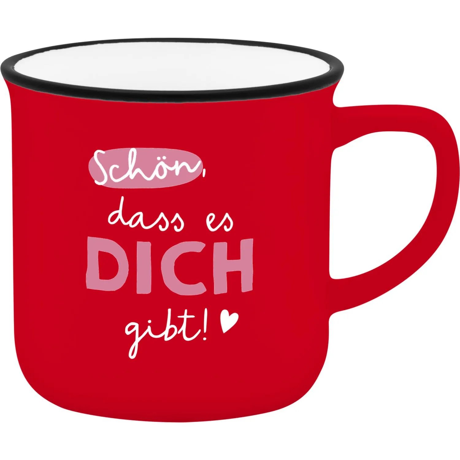 Roter Espressobecher aus Porzellan mit weißem Schriftzug 'Schön, dass es DICH gibt'.