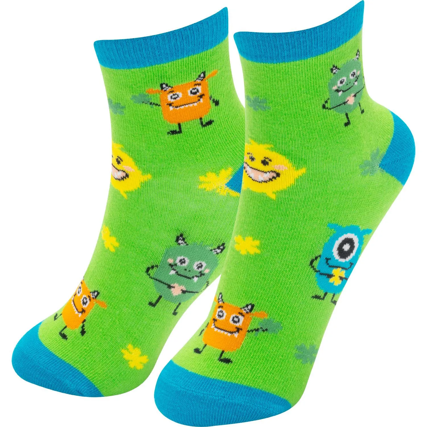 Grüne Kindersocken mit blauen Spitzen und bunten Monster-Motiven