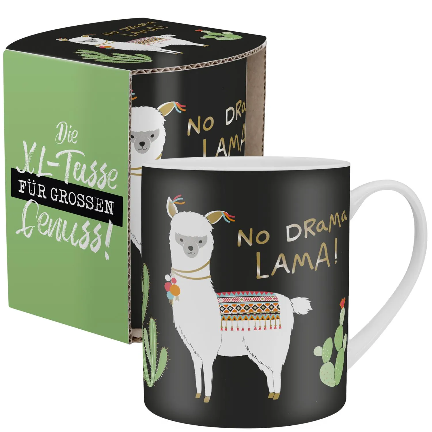 XL-Tasse Lama No Drama Lama auf schwarzem Hintergrund, bunte Decke, Geschenkbox, 60 cl Porzellan.