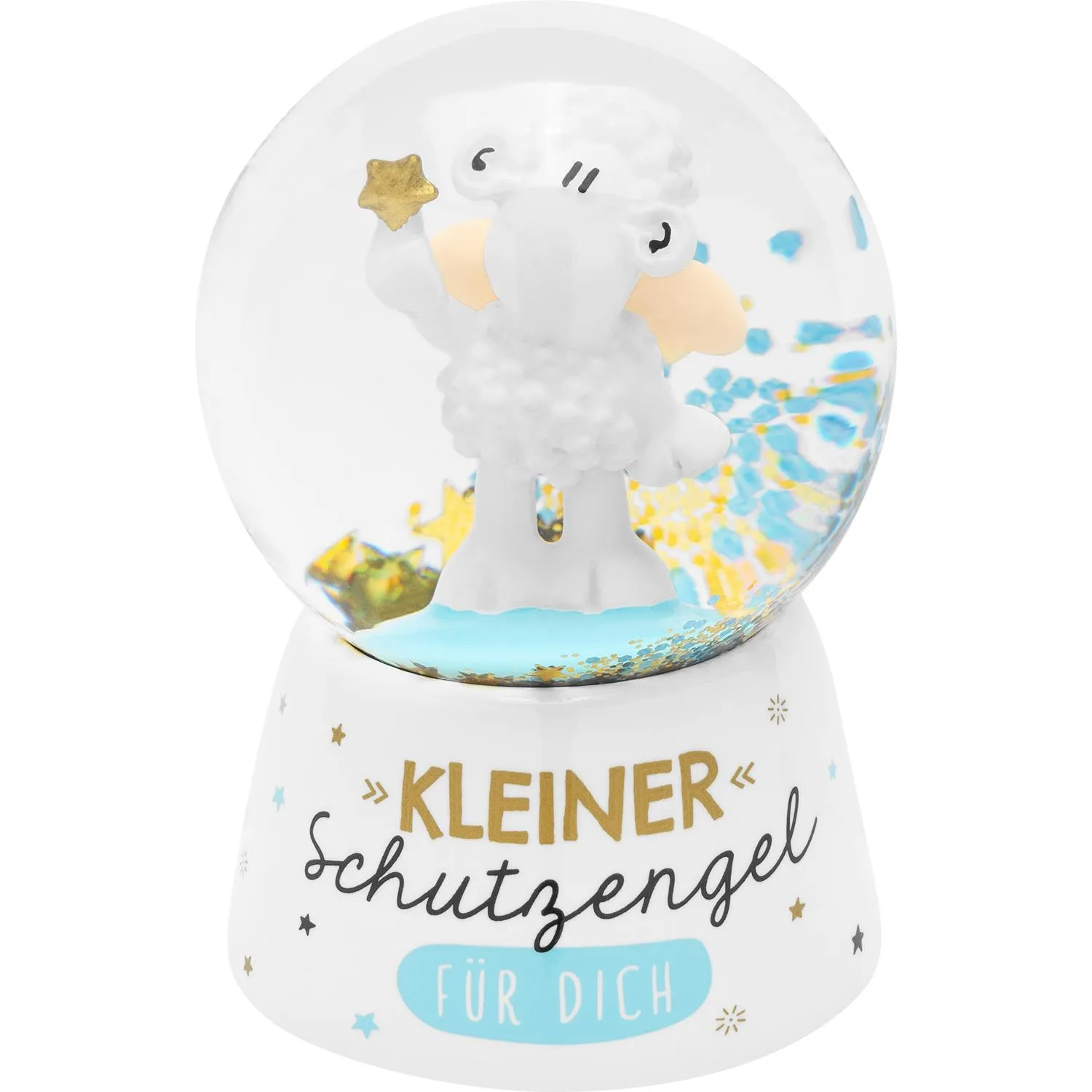 Weiße Schneekugel mit Schutzengel-Schaf, goldenen Sternen und blauem Glitter, auf hellem Sockel