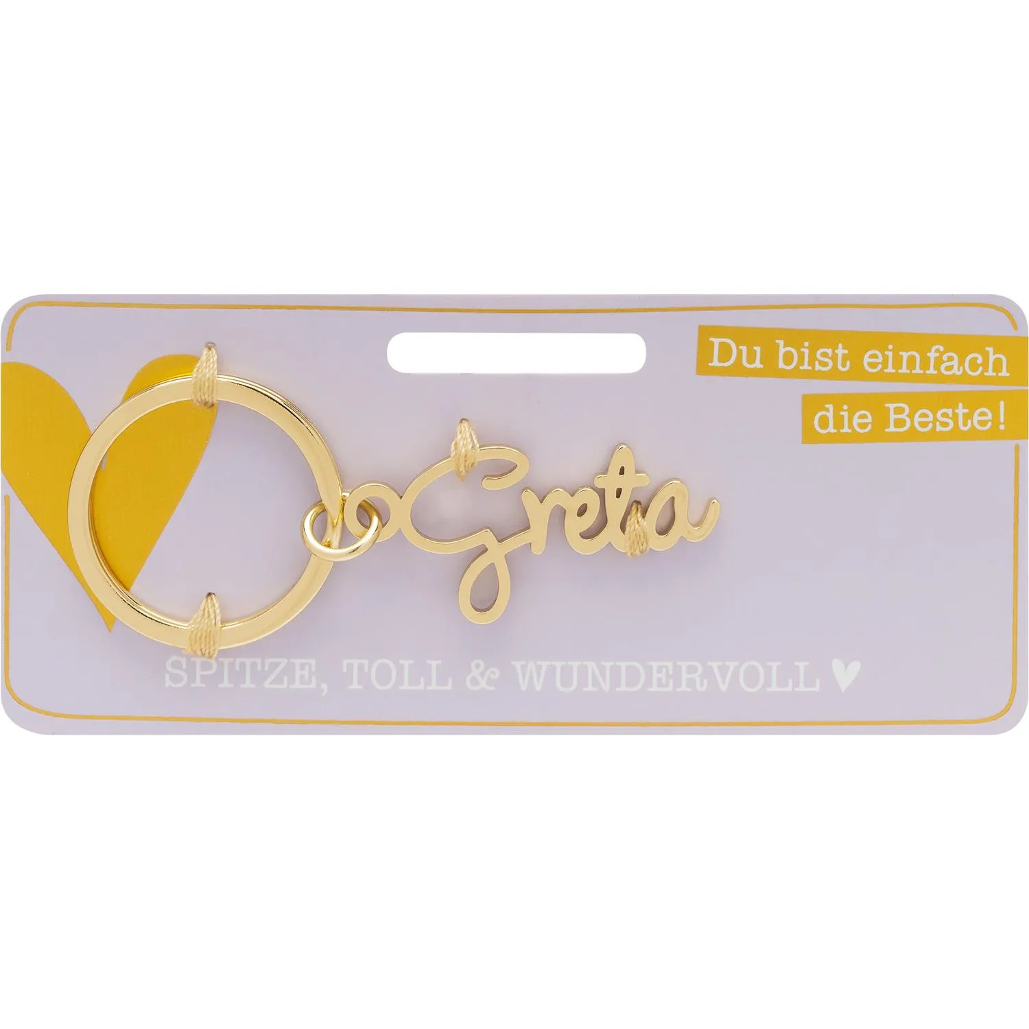 Goldfarbener Namens-Schlüsselanhänger Greta am Ring vor pastell-lila Karte