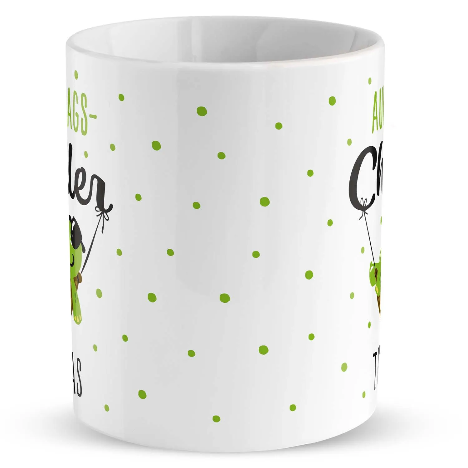 Weiße Porzellankaffeetasse mit grünen Punkten