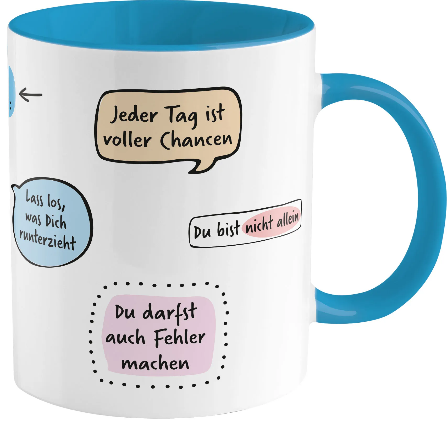 Weiße Porzellan-Tasse mit blauer Innenfarbe und bunten Sprüchen in Sprechblasen.