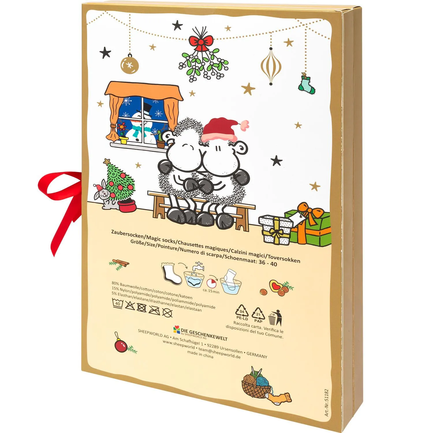 Adventskalender-Set: zwei Sockenkalender im goldenen Karton mit Schafmotiv