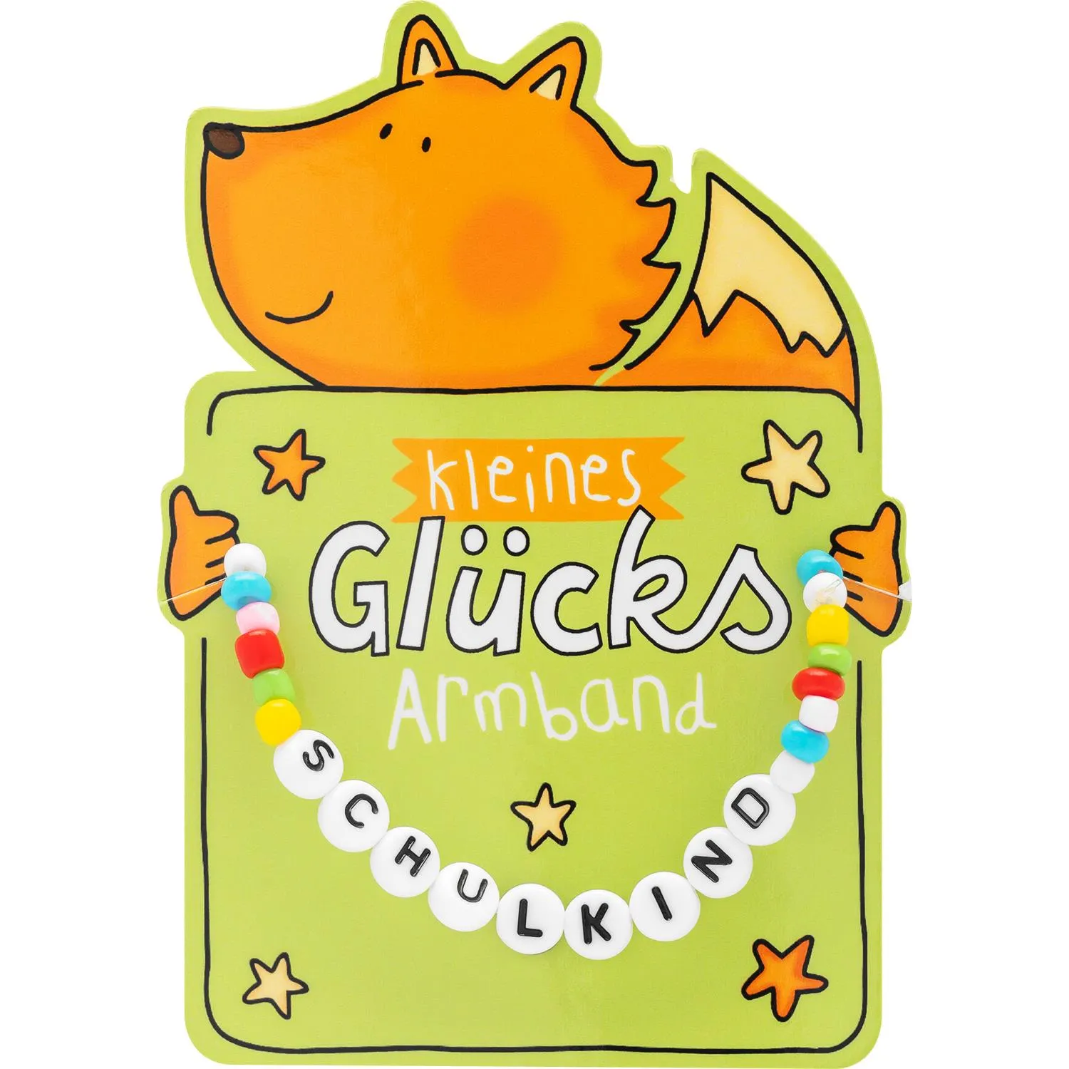 Kleines Glücks-Armband mit bunten Perlen und Fuchs-Motiv auf grüner Karte