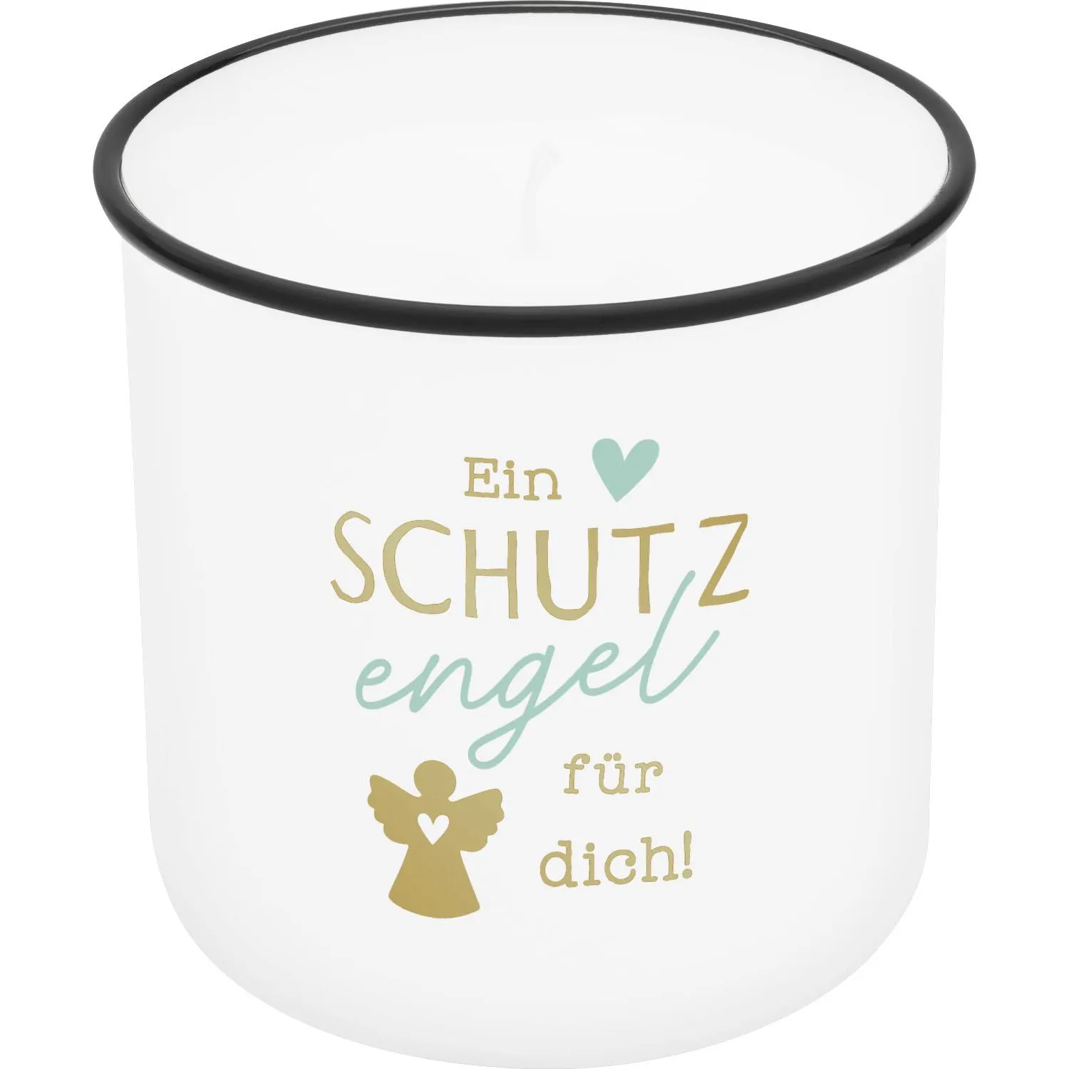 Weißer Kerzen-Becher aus Porzellan mit goldenem Schutzengel-Design und mintfarbenem Schriftzug.