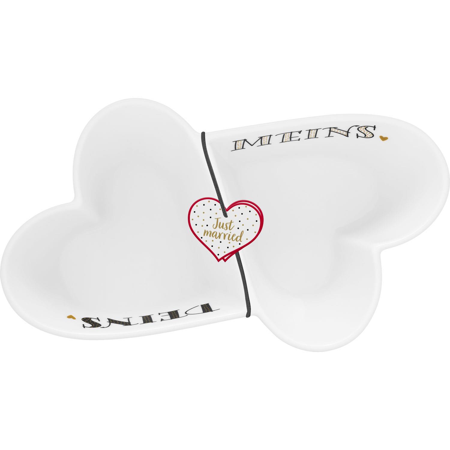 Weiße Snackschale aus Porzellan mit Herzmotiv 'Just married' – Hochzeitsgeschenk