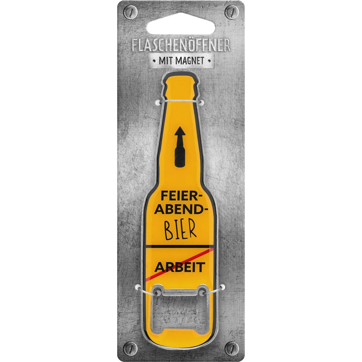 Gelber Flaschenöffner mit Magnet in Bierflaschen-Form auf grauer Verpackung