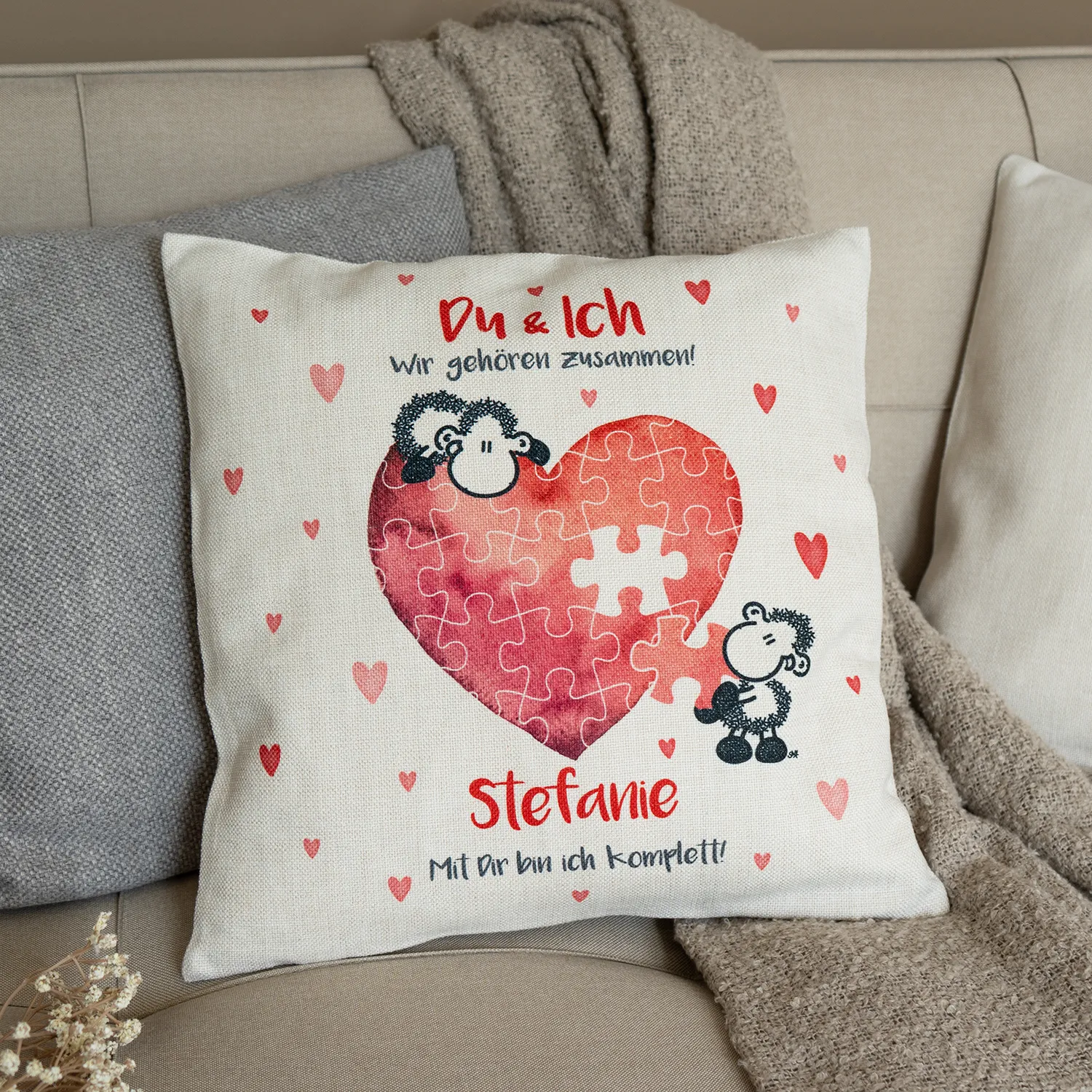 Kissen für Paare »Mit Dir bin ich komplett!...« mit Wunschnamen, Canvas-Optik, personalisiert