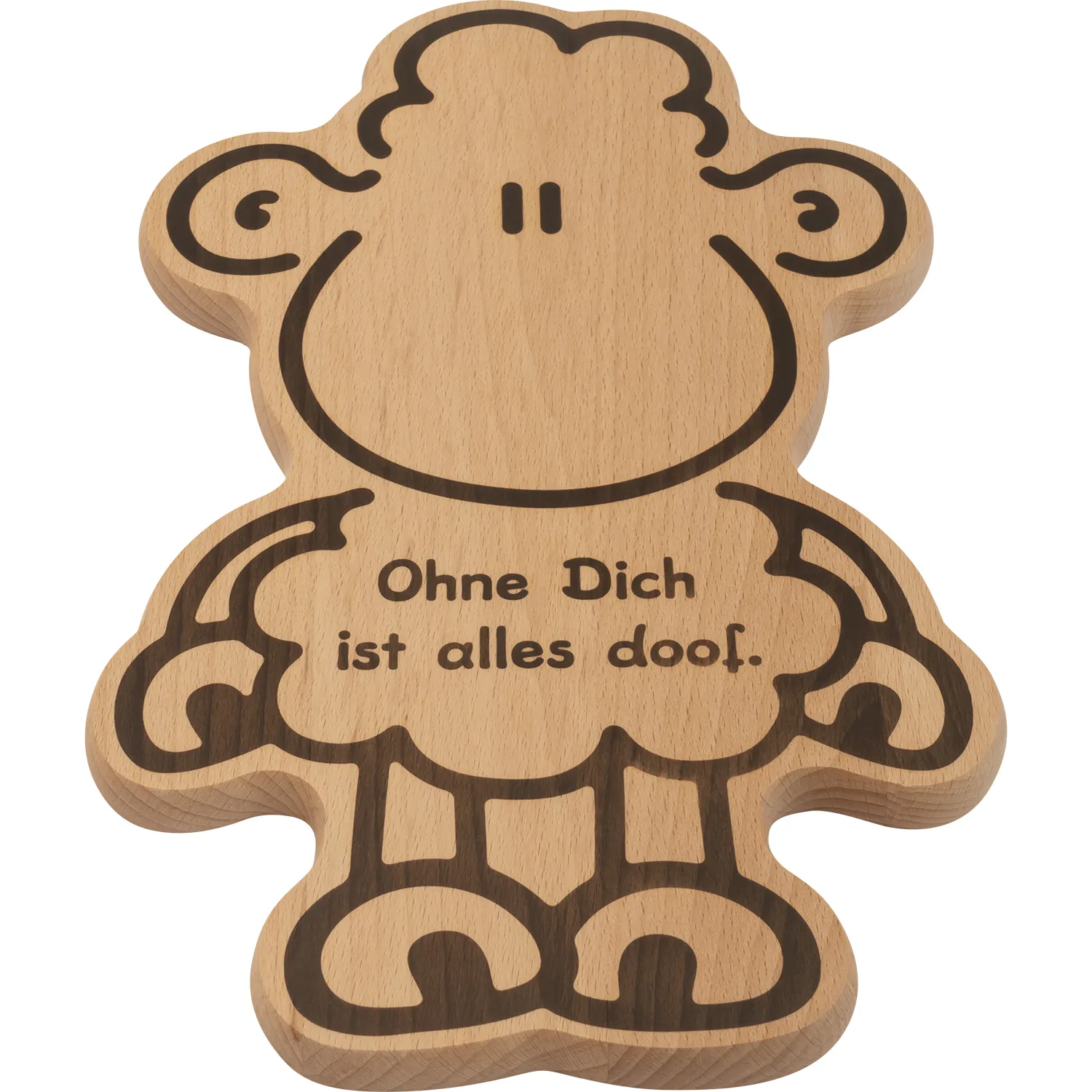 Holzbrettchen in Schäfchenform mit eingraviertem Spruch