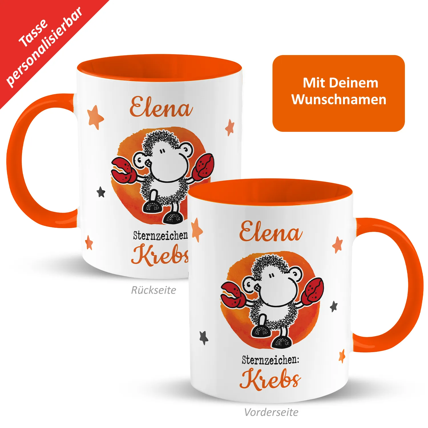 Personalisierte Porzellan-Tasse mit Name Elena und Schäfchen-Sternzeichen in Orange