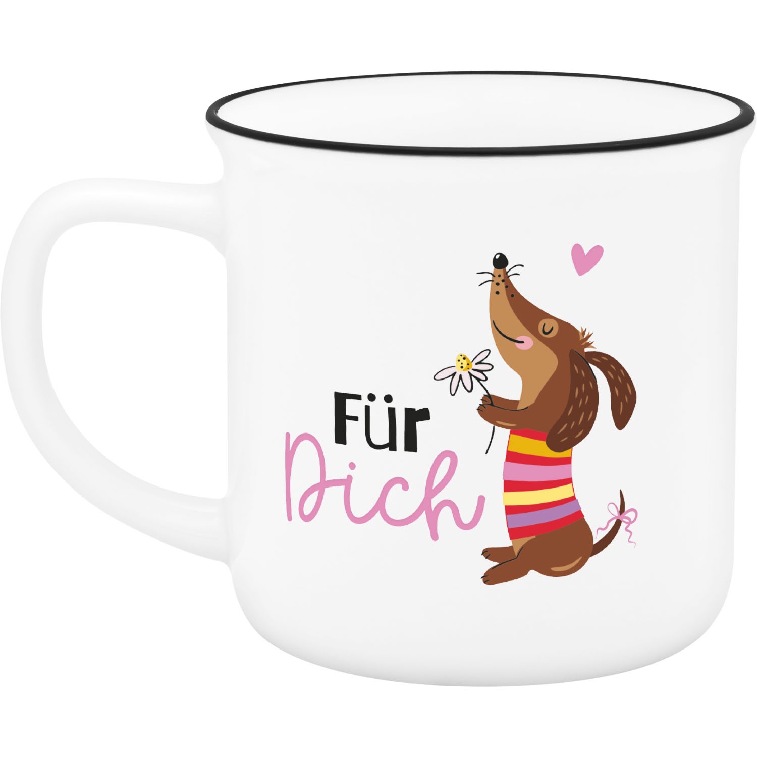 Weiße Porzellan-Tasse mit Dackel-Motiv, Blume und Herz, Schrift 'Für Dich'
