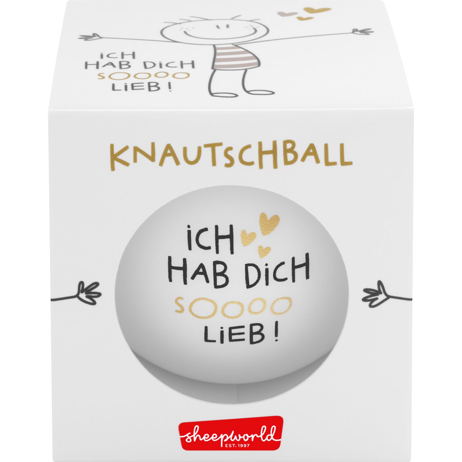 Weißer Knautschball mit Golddruck 'Ich hab Dich lieb' in Geschenkbox; Schäfchen-Motiv auf Verpackung.