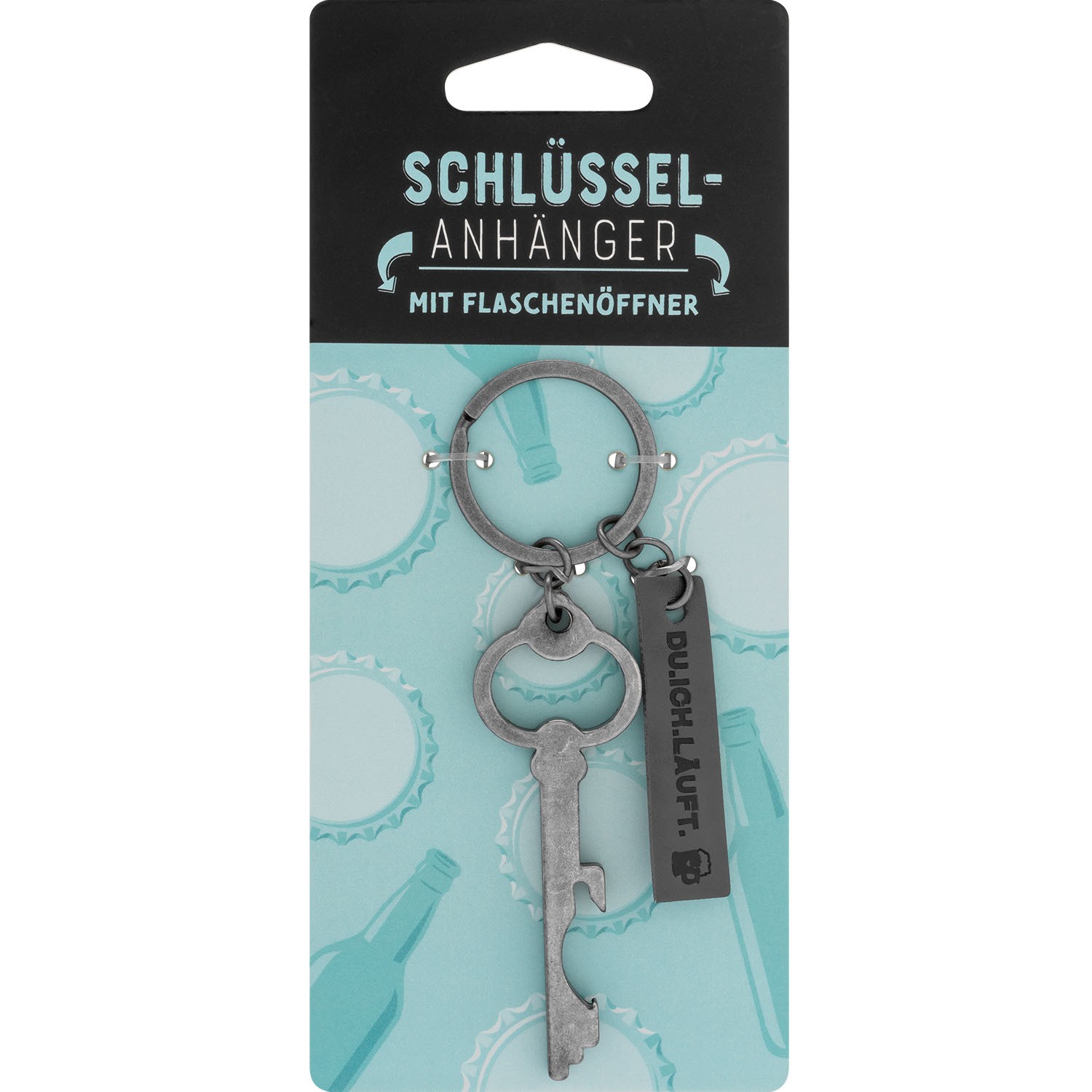 Silberner Schlüsselanhänger mit Flaschenöffner und Lederanhänger