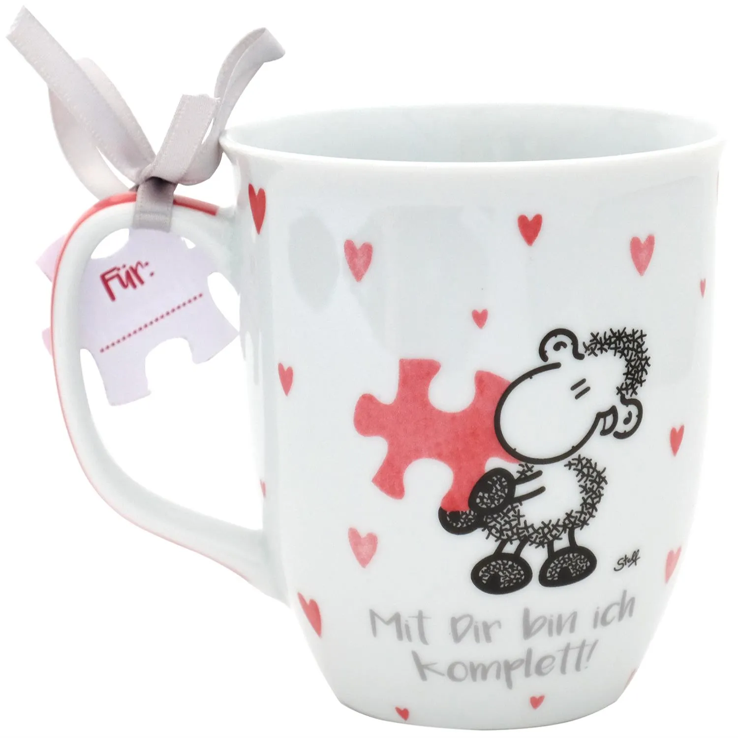 Weiße Porzellan-Tasse mit Schäfchen, Herzen und Puzzle-Teil