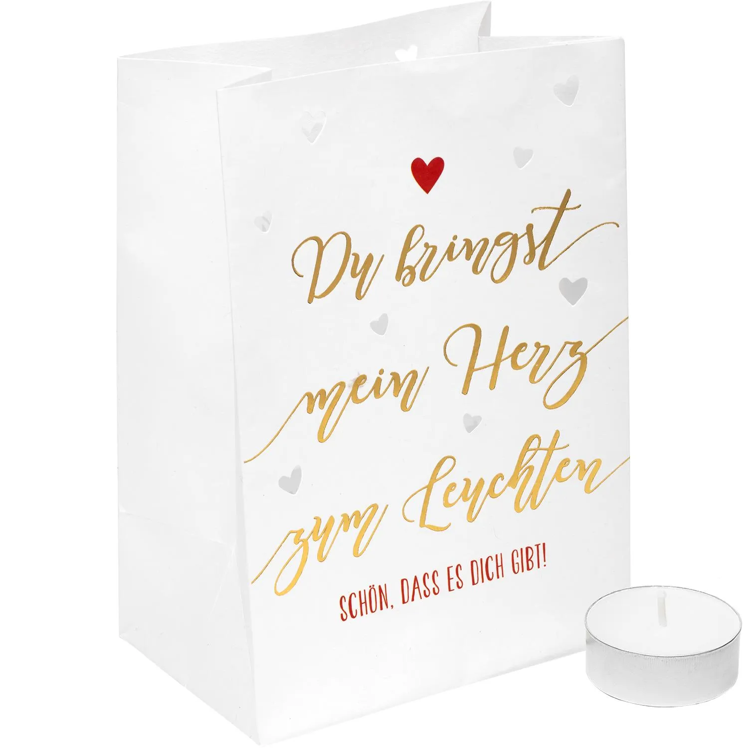 Weiße Lichttüte mit goldenem Schriftzug und Herzmotiven, inkl. Teelicht – dekorativ romantisch.