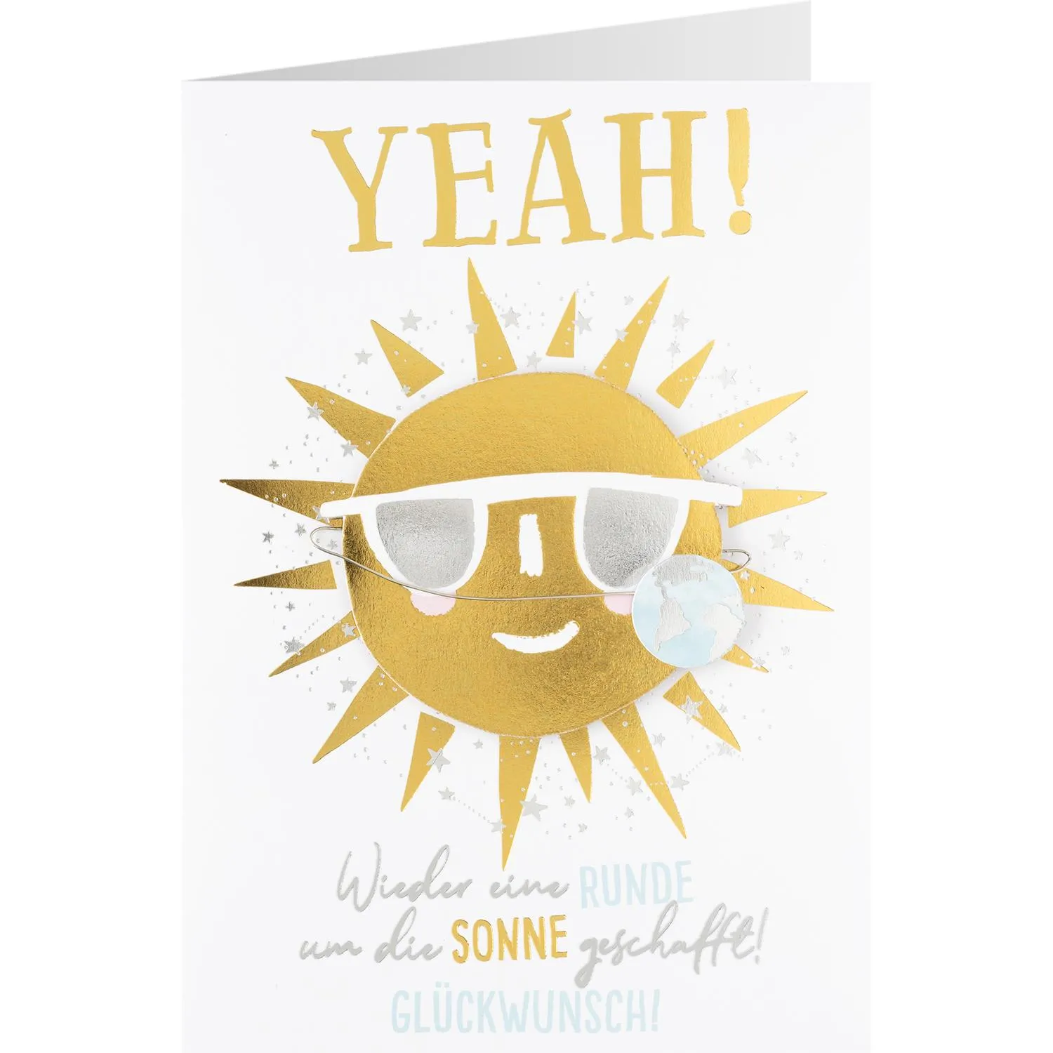 Fröhliche Sonnen-Geburtstagskarte mit Goldfolie und Sonnenbrille