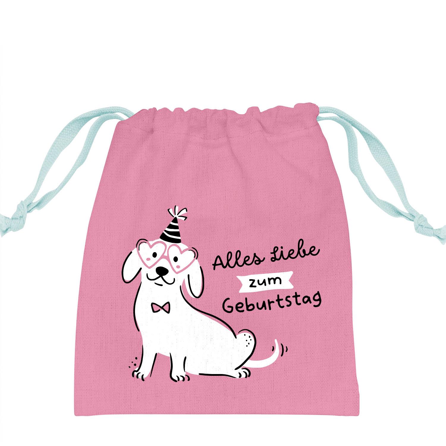 Pinkes Geschenksäckchen mit Hundemotiv, Partyhut und Herzbrillen
