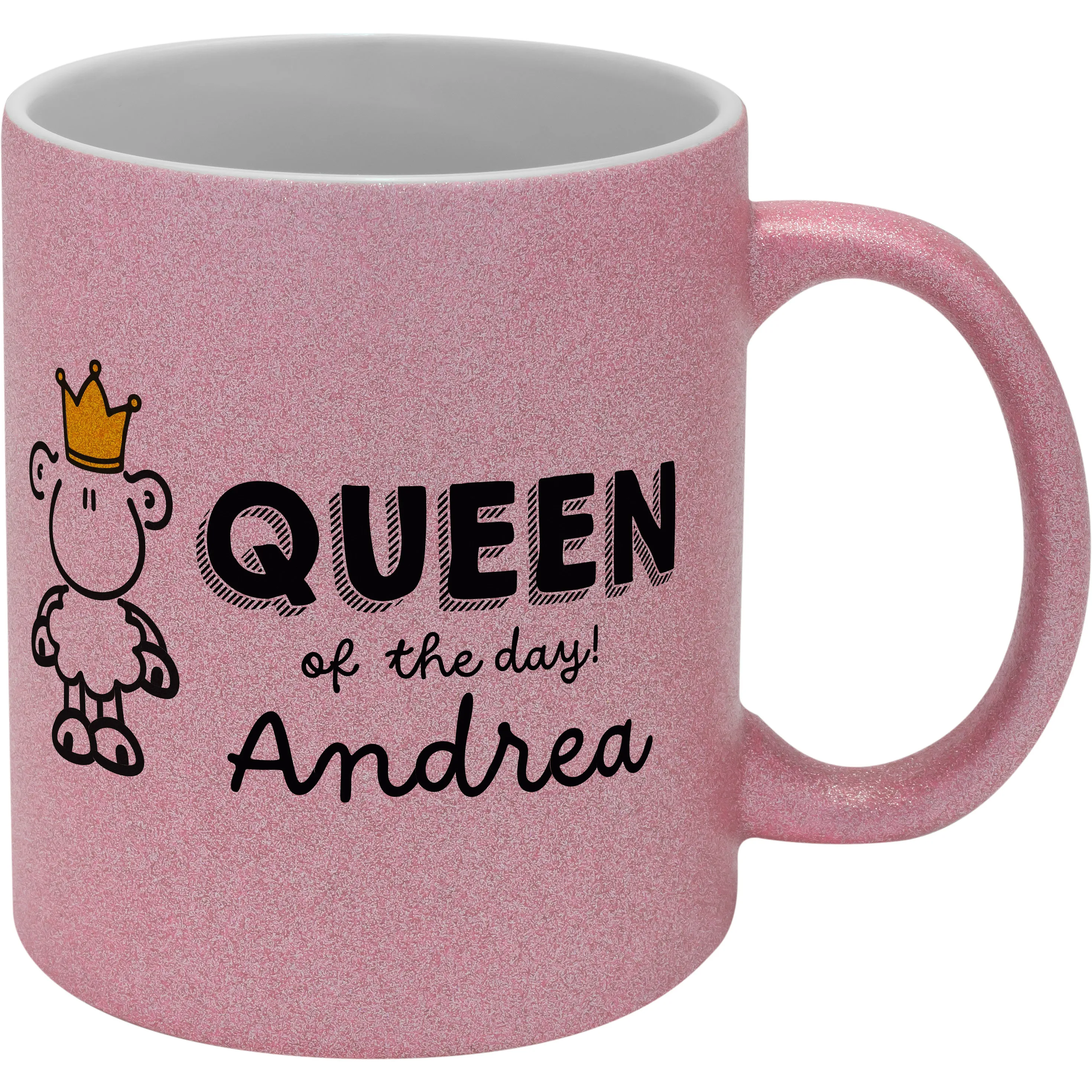 Pink-glitzernde Porzellan-Tasse mit Krone-Schaf, personalisiert mit Name Andrea, 325 ml