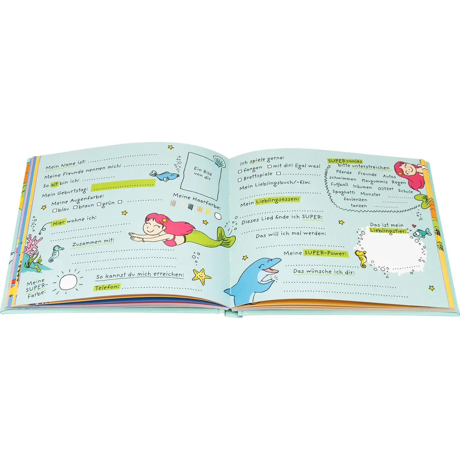 Offenes Freundebuch für Kinder mit pastelblauer Seite, Meerjungfrau- und Delfin-Motiv, 65 Doppelseiten, Glitzer-Highlights