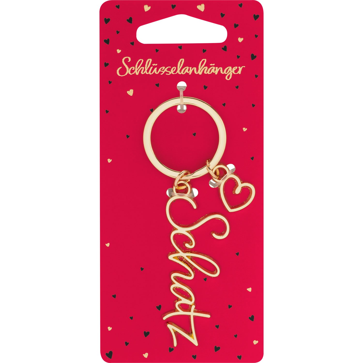 Goldfarbener Schlüsselanhänger »Schatz« mit Herz-Charm auf roter Valentinstags-Verpackung