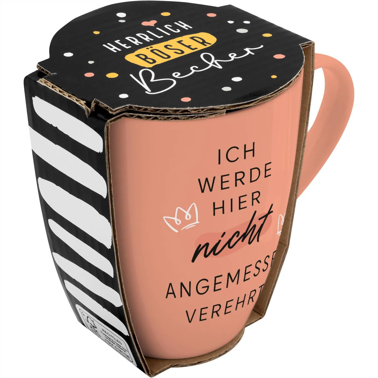 Pfirsichfarbene Porzellankaffeetasse mit frechem Spruch